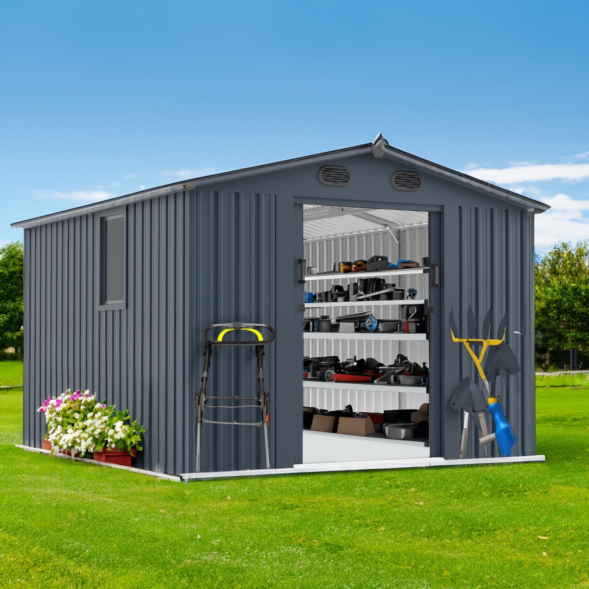 [08X10FT] Alora Large Outdoor Metal Backyard Garden Storage Tool Shed With Window And Lockable Doors (SAK68140)