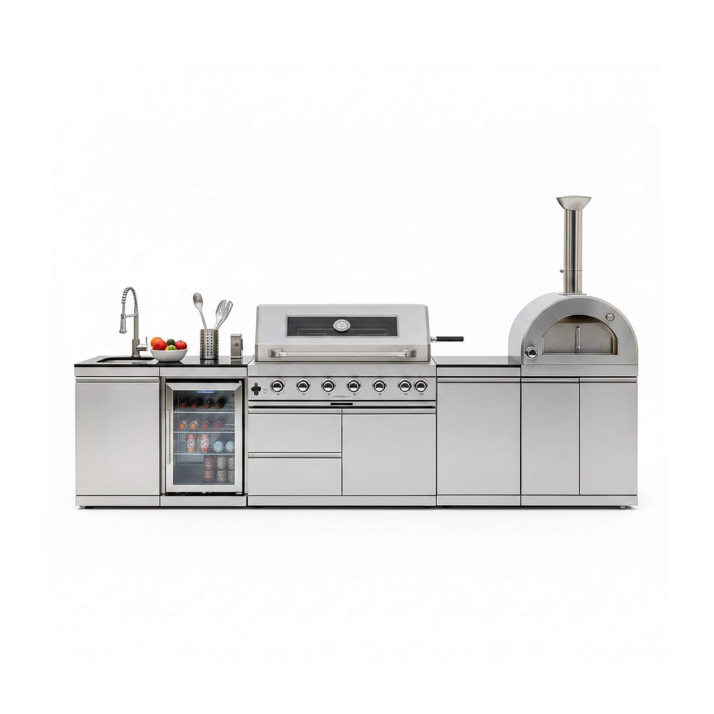 Blazon 128-Inch 6-Burner 120K BTU Outdoor Kitchen Island With Pizza Oven, Rotisserie & Refrigerator (SAK75770)