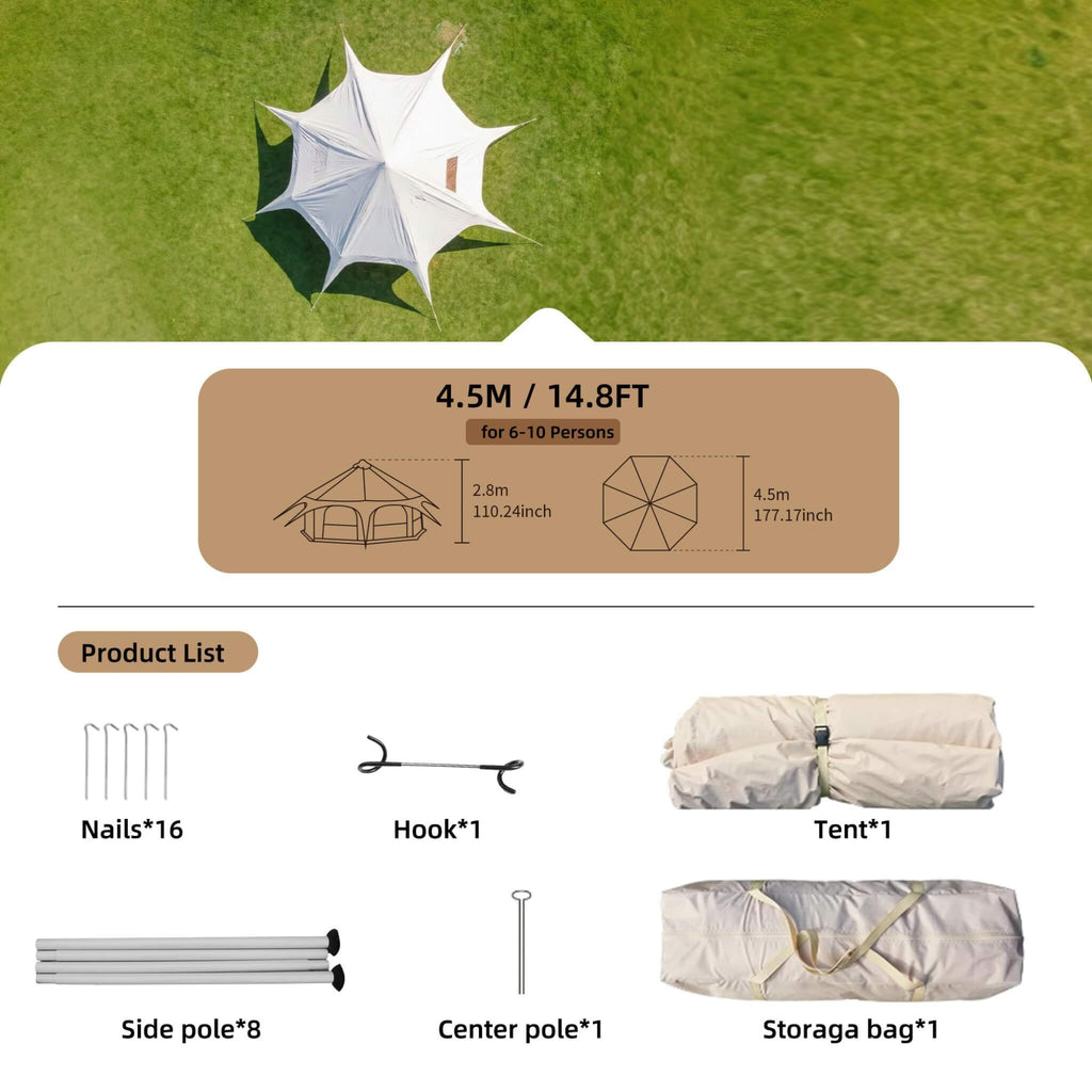 Large 15FT 600D Oxford Bell Tent With Stove Jack For Glamping And Camping (SAK10987)
