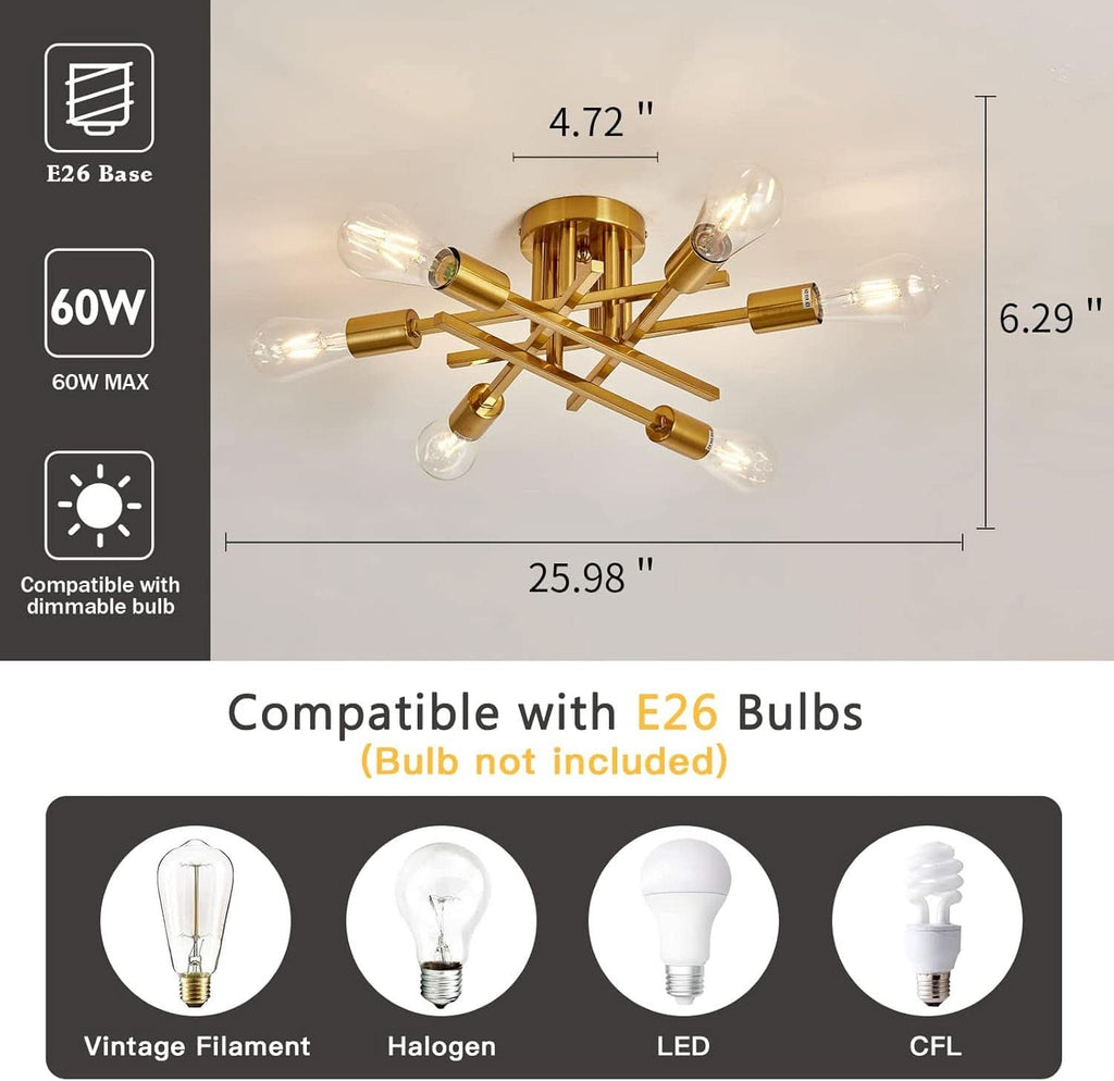 Gold Sputnik Chandelier Semi Flush Mount Ceiling Light - The misfit market