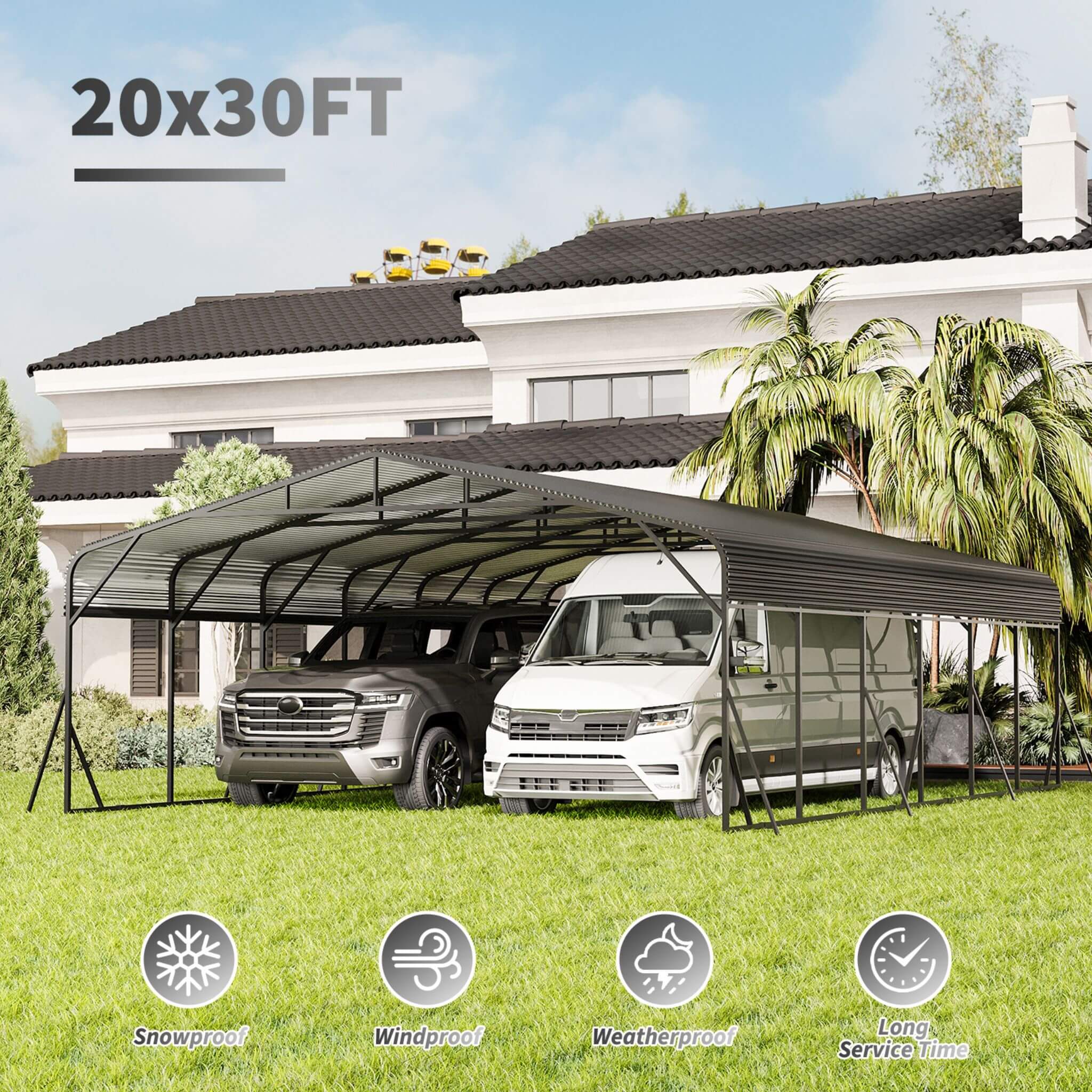 [20X30FT] Alora Heavy-Duty Wind-Resistant Steel Roof Carport With Triangular Frame (SAK94812)
