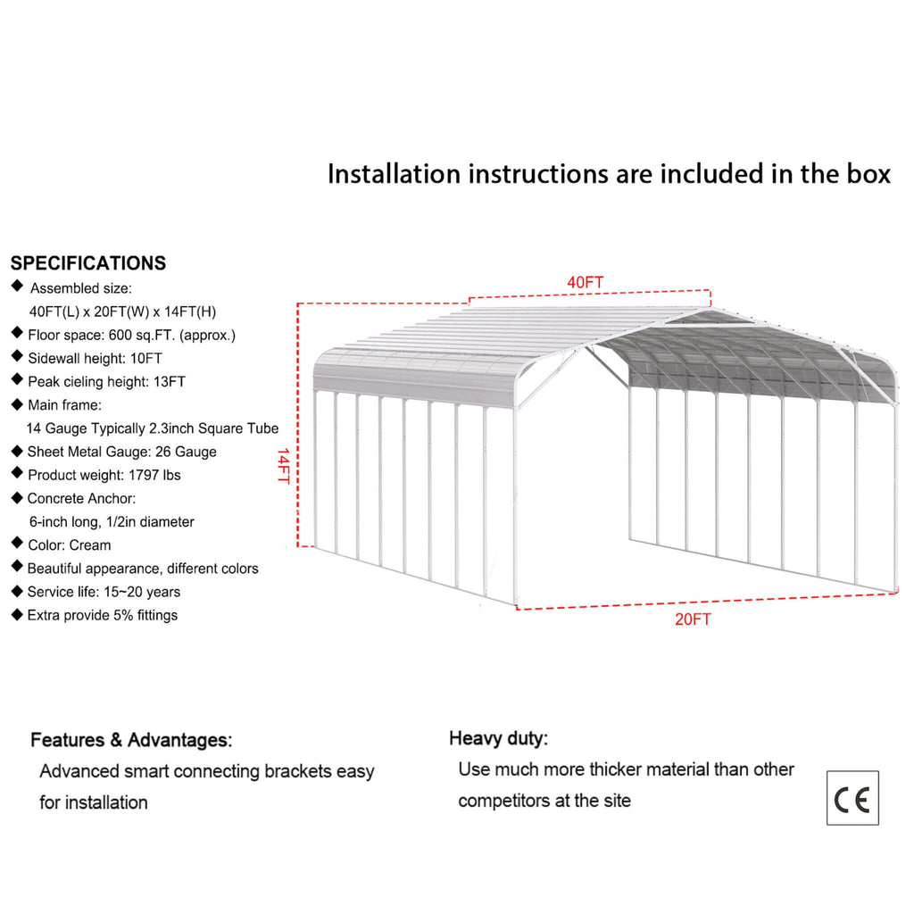 [20X40FT] Alora Heavy-Duty Outdoor High-Clearance Metal Carport (SAK67509)