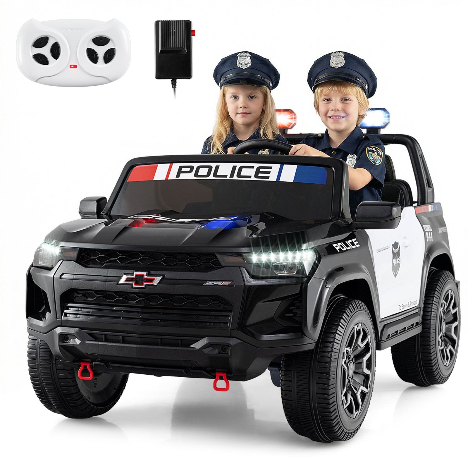 24V 2-Seater Ride on Police Car 4WD Chevrolet with Megaphone and LED Lights-Black