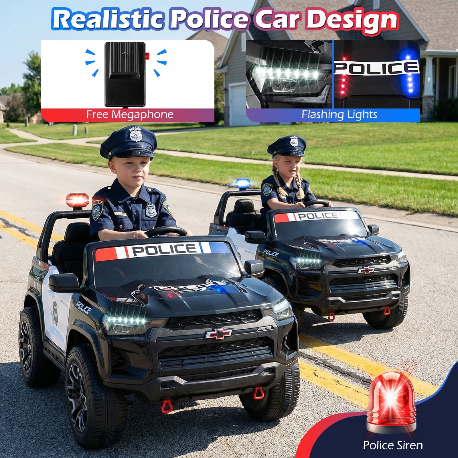 24V 2-Seater Ride on Police Car 4WD Chevrolet with Megaphone and LED Lights-Black
