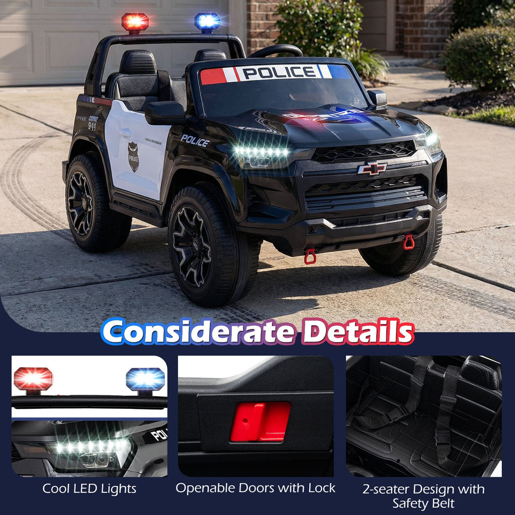 24V 2-Seater Ride on Police Car 4WD Chevrolet with Megaphone and LED Lights-Black