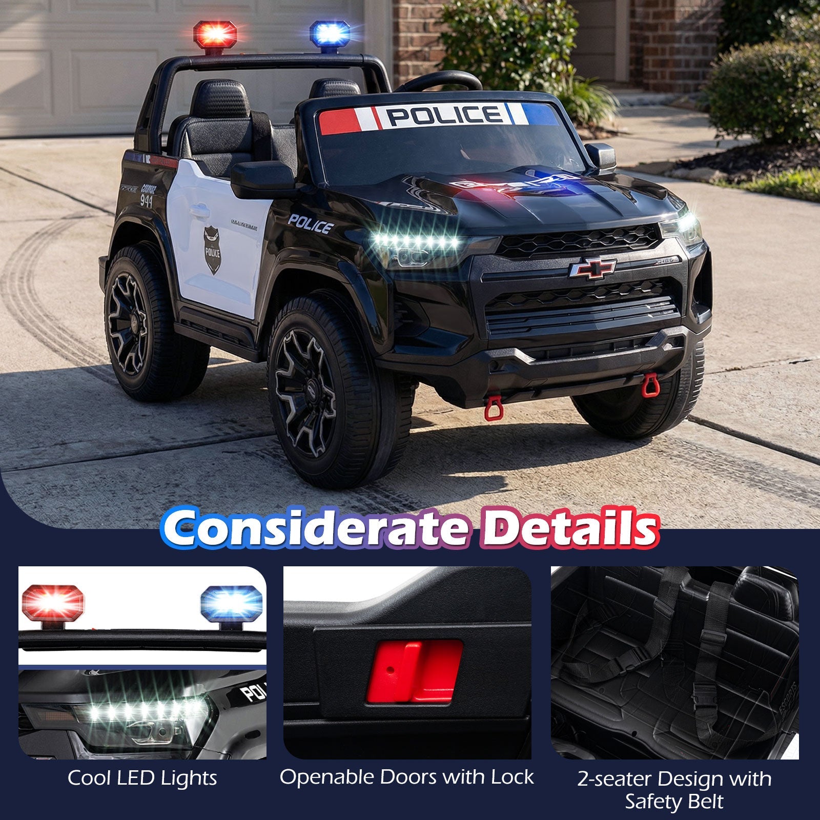 24V 2-Seater Ride on Police Car 4WD Chevrolet with Megaphone and LED Lights-Black
