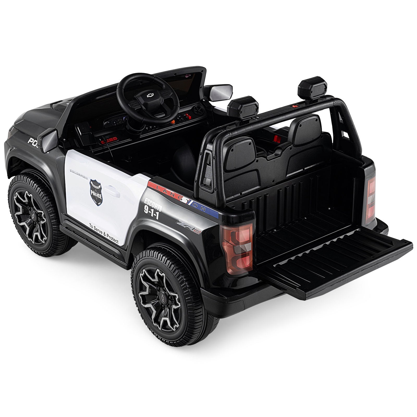 24V 2-Seater Ride on Police Car 4WD Chevrolet with Megaphone and LED Lights-Black