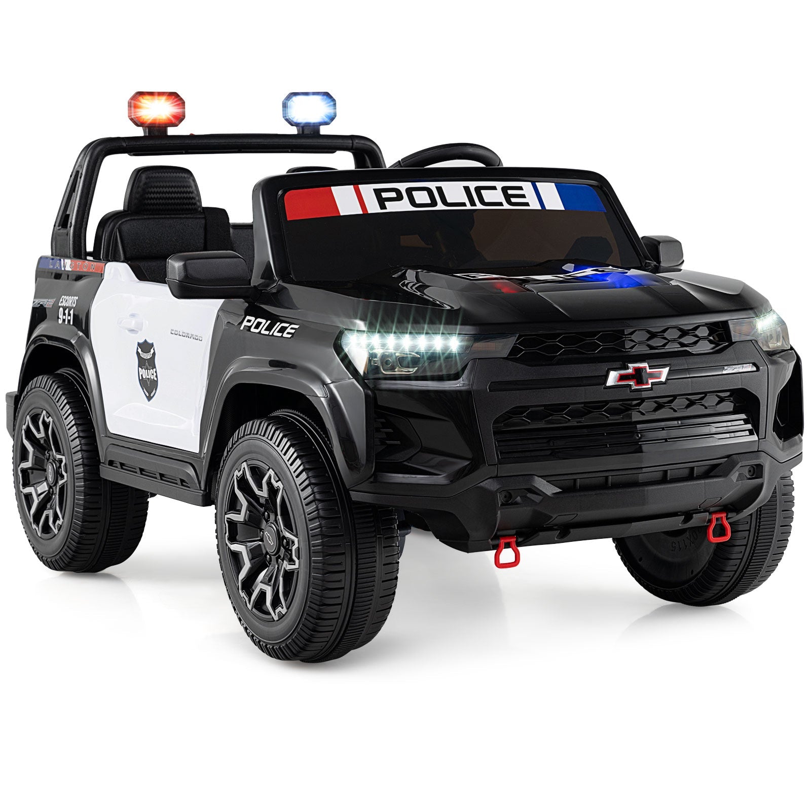 24V 2-Seater Ride on Police Car 4WD Chevrolet with Megaphone and LED Lights-Black
