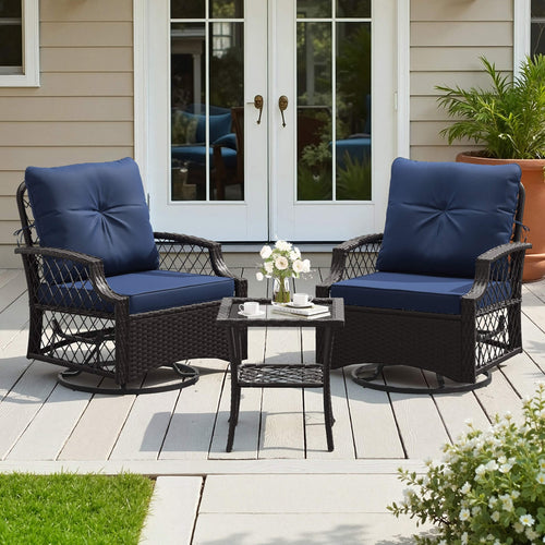 Outdoor patio set with blue cushioned chairs and a small table on a wooden deck.