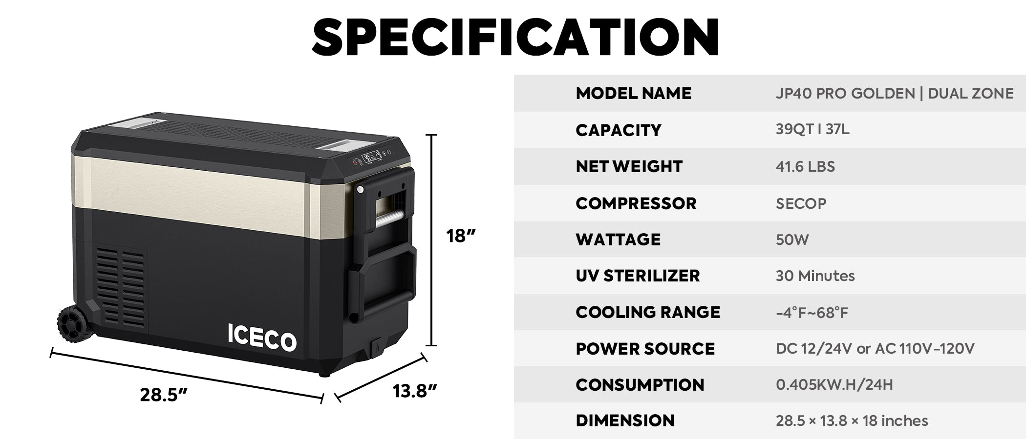 JP40 Pro Dual Zone Wheeled Portable Freezer | ICECO | 40 LT - The misfit market