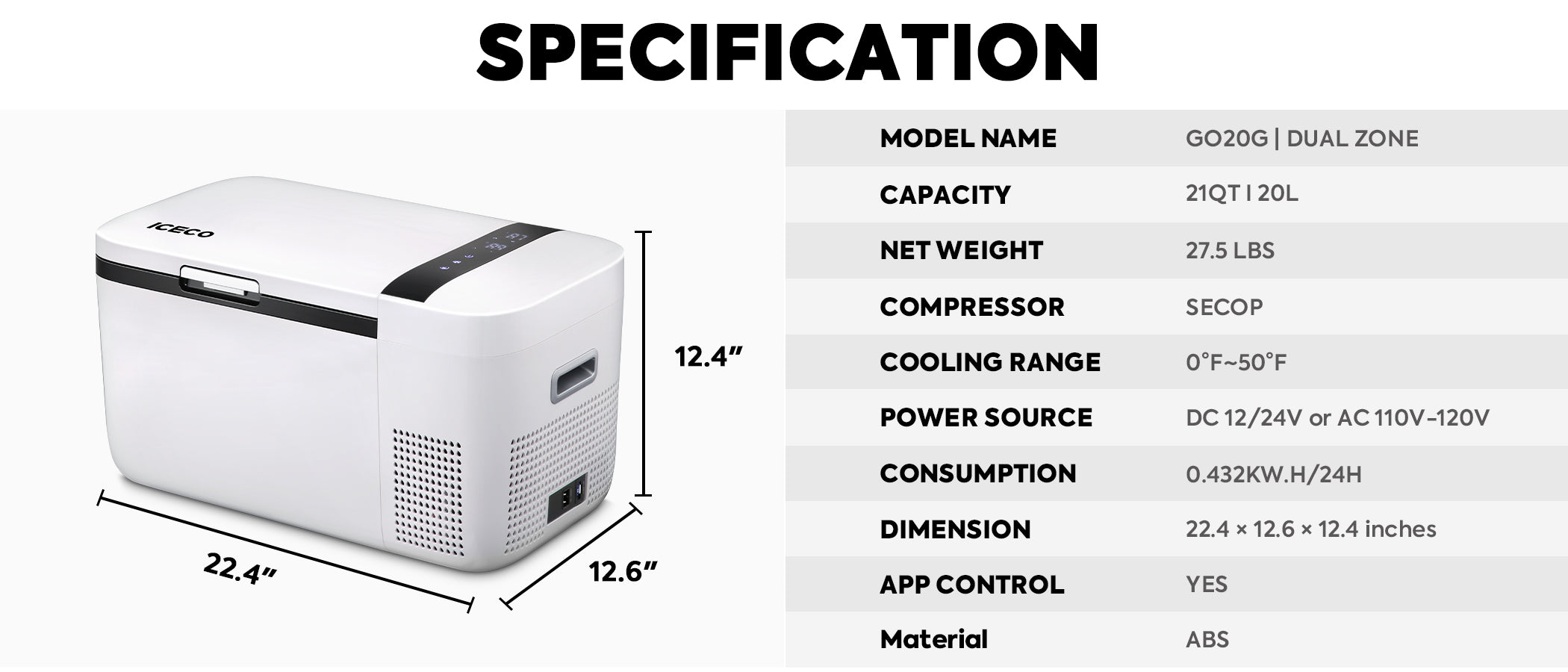 GO20 Dual Zone 12V Portable Freezer - White | ICECO | 20 LT - The misfit market