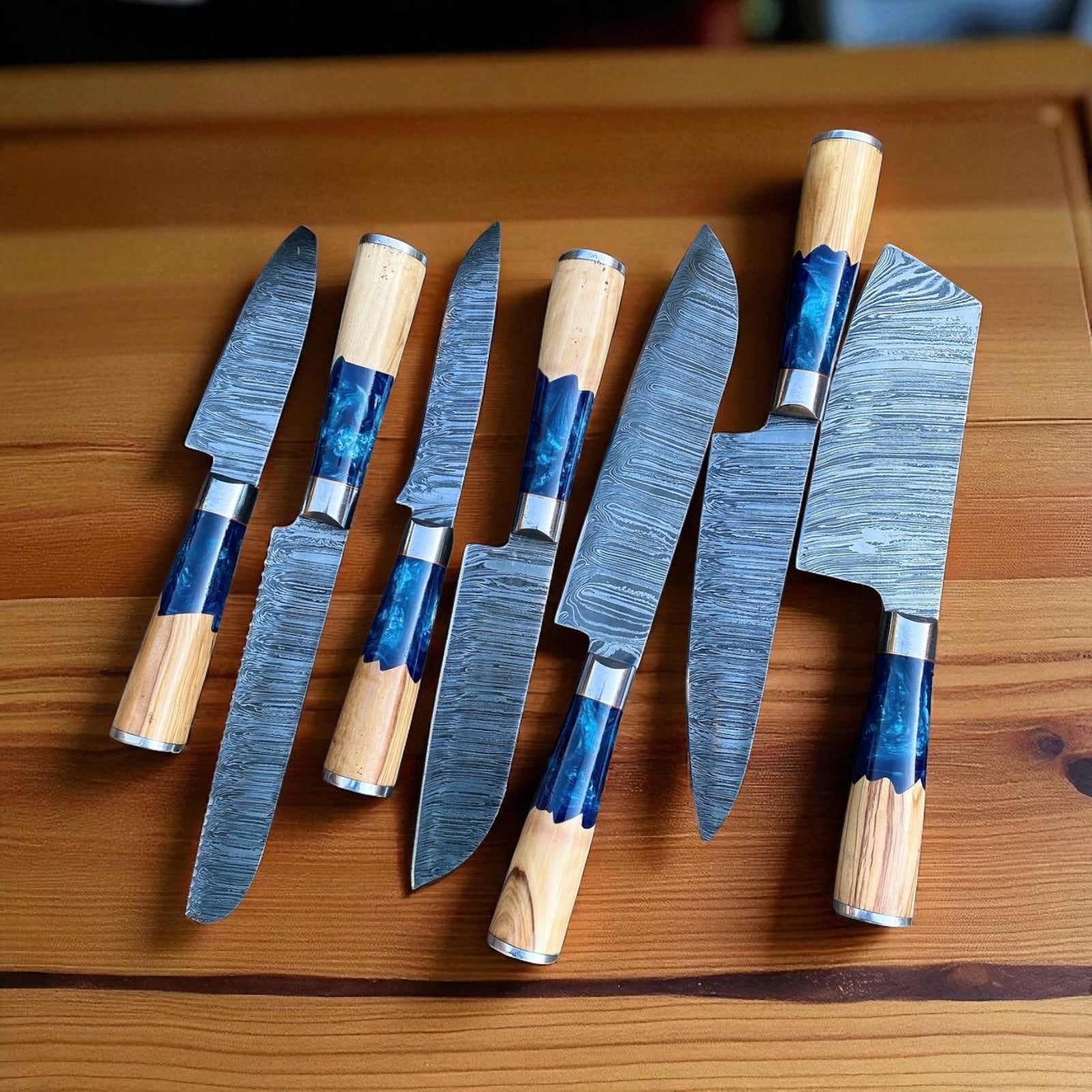 Knife Set for Kitchen – 13” Handmade Damascus Steel Chef Knife with Resin & Olivewood Handle, Steel Bolster, and Leather Sheath - The misfit market