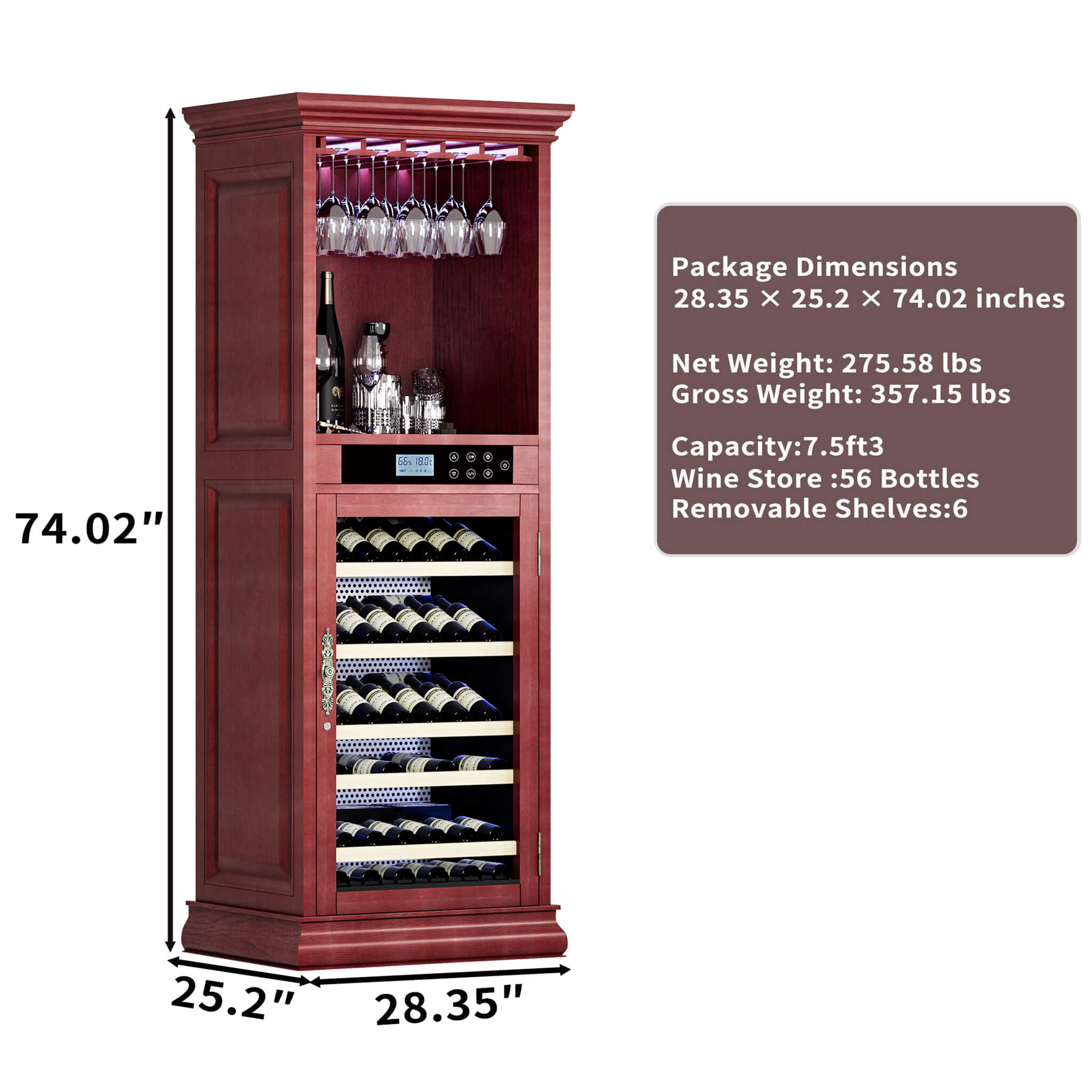 Nuvia 56-Bottle 7.5 Cu.Ft Single-Zone Multi-Tiered Wooden Wine Cooler Cabinet With Humidity And Temperature Controls (SAK73195)
