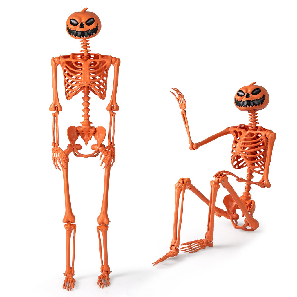 5.2 Ft Orange Life-Size Poseable Halloween Skeleton with Pumpkin Head and Movable Joints