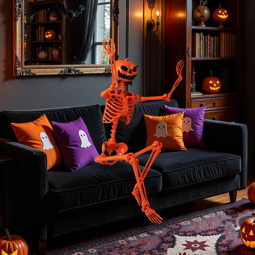 5.2 Ft Orange Life-Size Poseable Halloween Skeleton with Pumpkin Head and Movable Joints