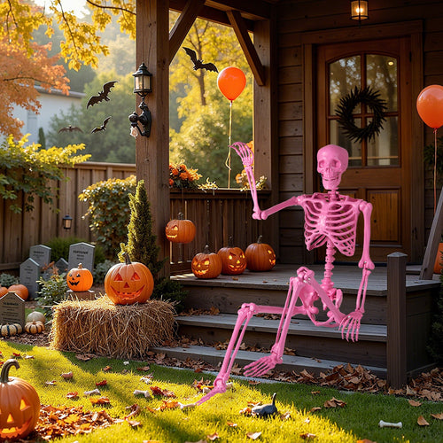 5.5 Ft Life-Size Halloween Poseable Skeleton Pink Movable Joints
