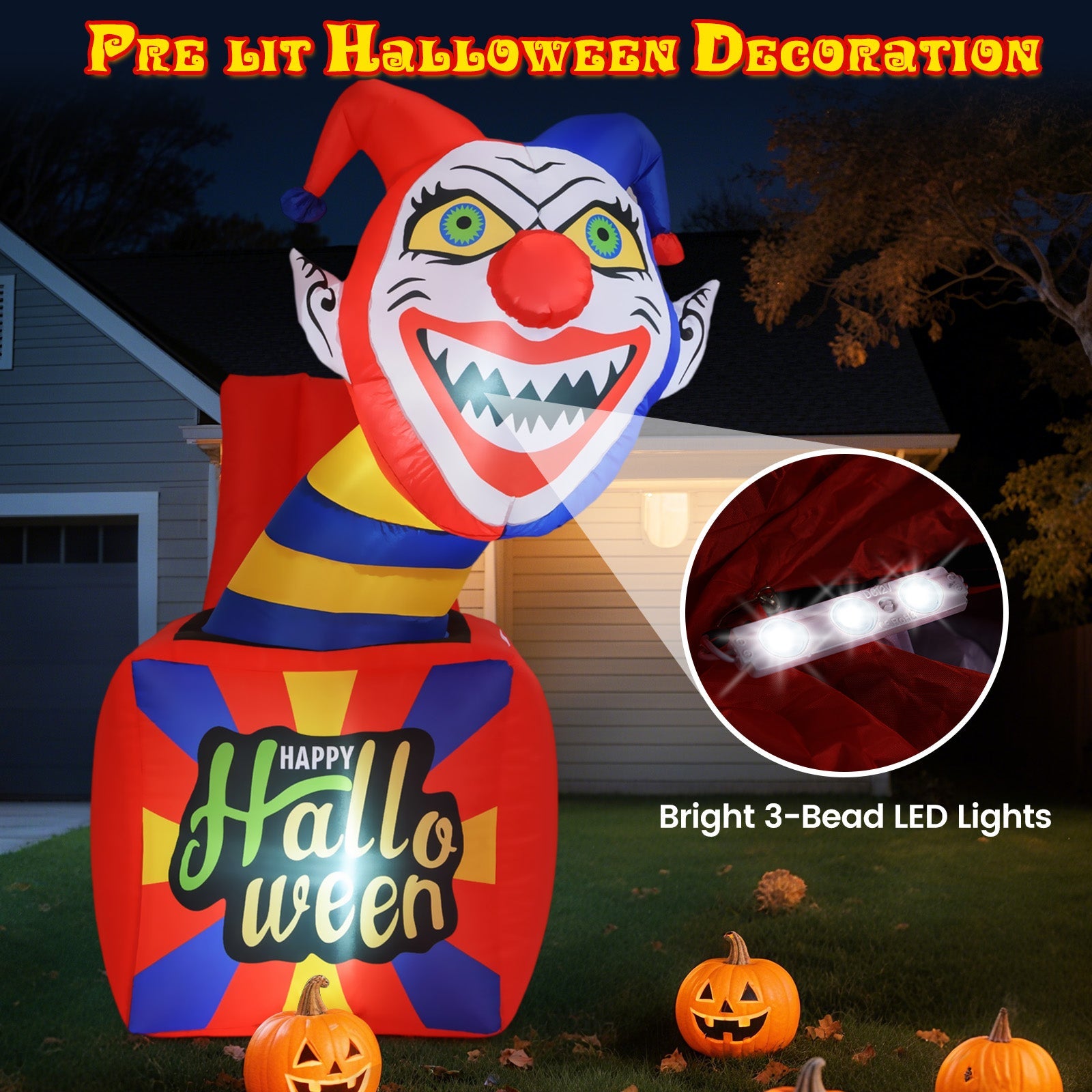 6 Ft Halloween Inflatable Clown with LED Lights for Indoor Outdoor