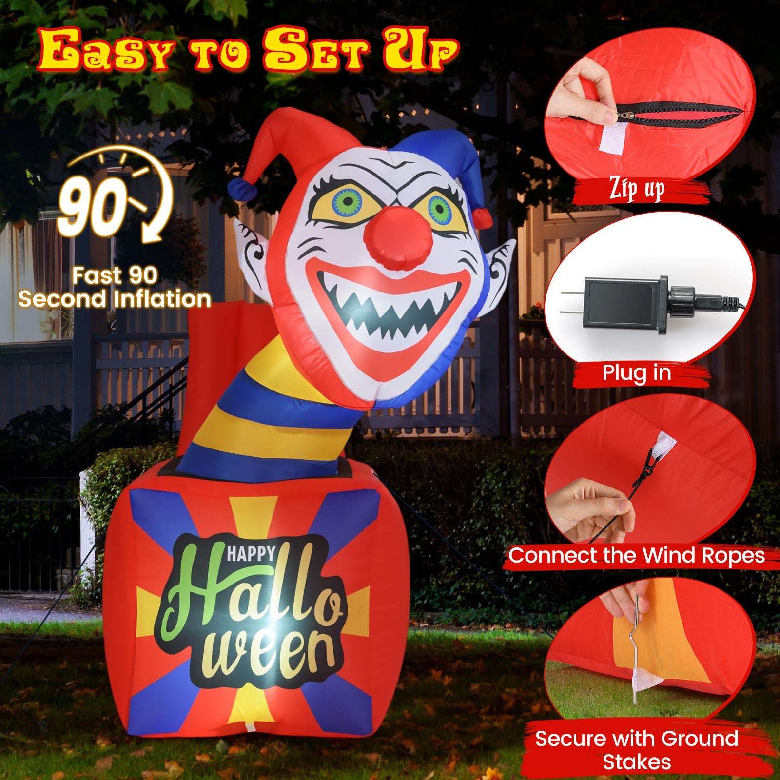 6 Ft Halloween Inflatable Clown with LED Lights for Indoor Outdoor