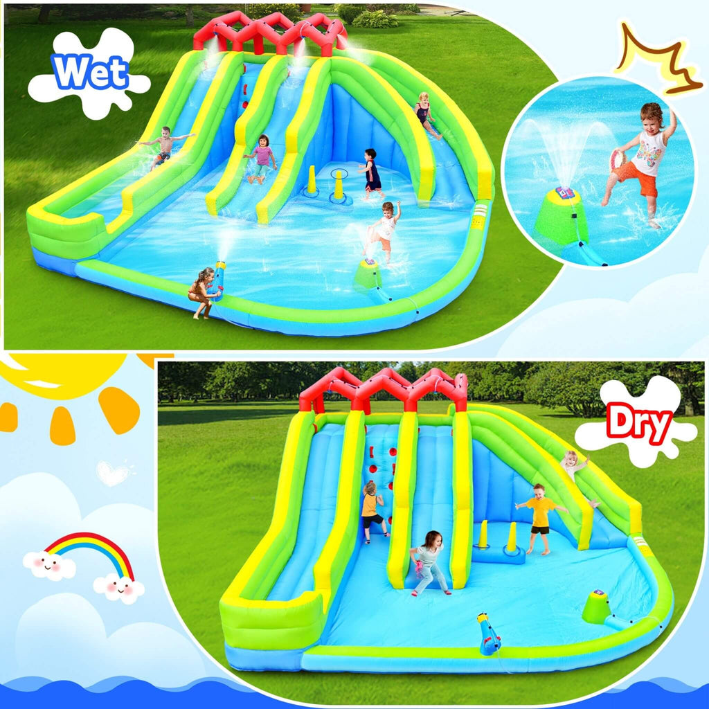 7-In-1 Inflatable Water Park With Triple Slides, Water Gun, And Climbing Wall (SAK98134)