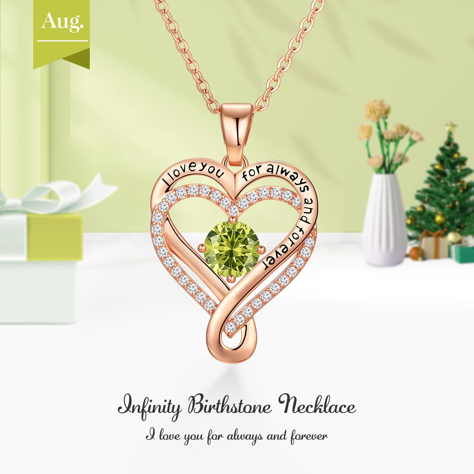 Infinity Love Heart Birthstone Necklace for Women Wife, S925 Sterling Silver Anniversary for Women Wife Birthday Gift for Her Girlfriend Mom Daughters, I Love You Women's Jewelry 18k Rose Gold Filled - The misfit market