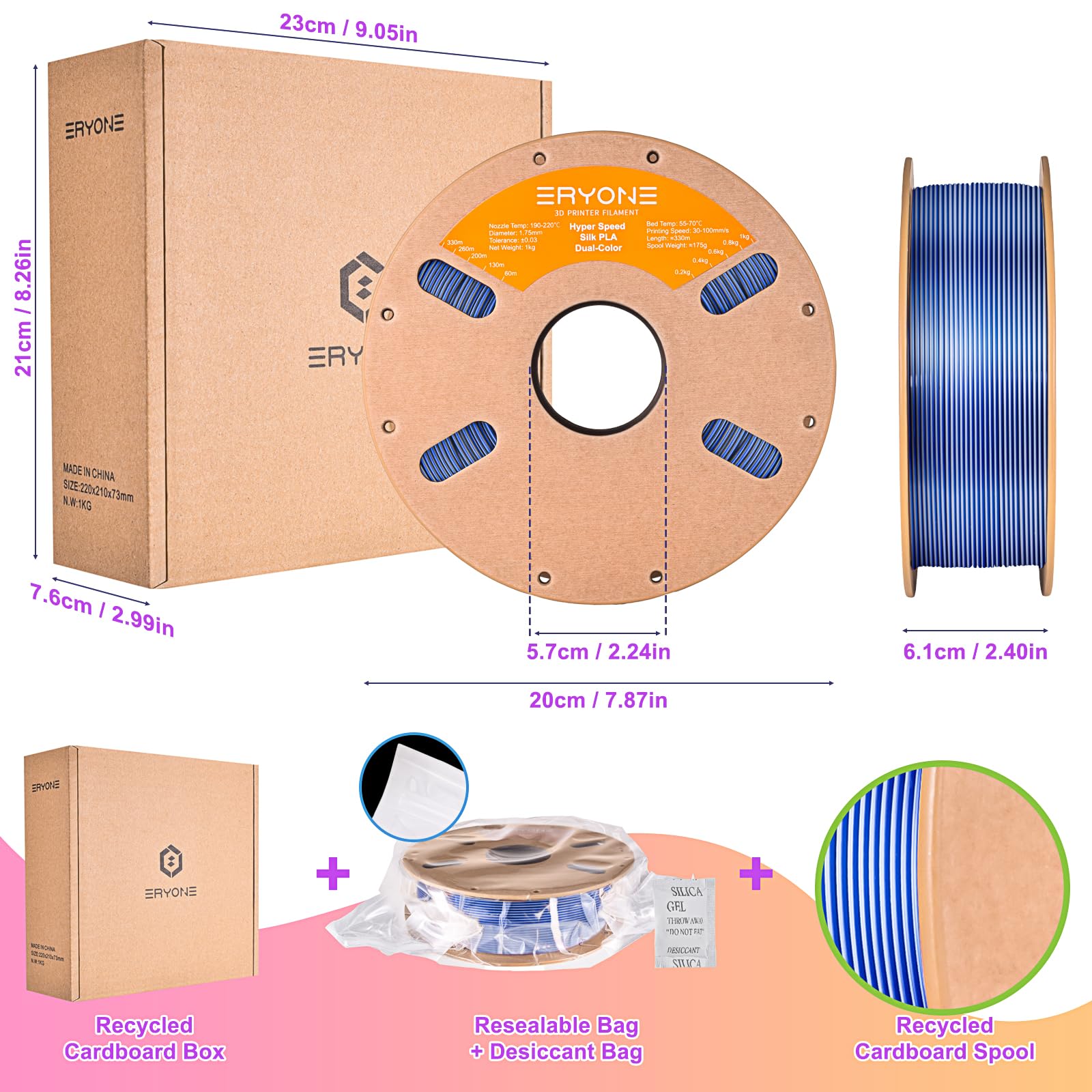 ERYONE Silk Filament PLA+ 1.75mm Shiny 3D Printer Filament, Multicolor PLA 4 in 1, 1kg (2.2LBS)/Spool, HS Silk Quadruple Color Aurora Dream (Teal Green & Violet & Electric Pink & Indigo) - The misfit market