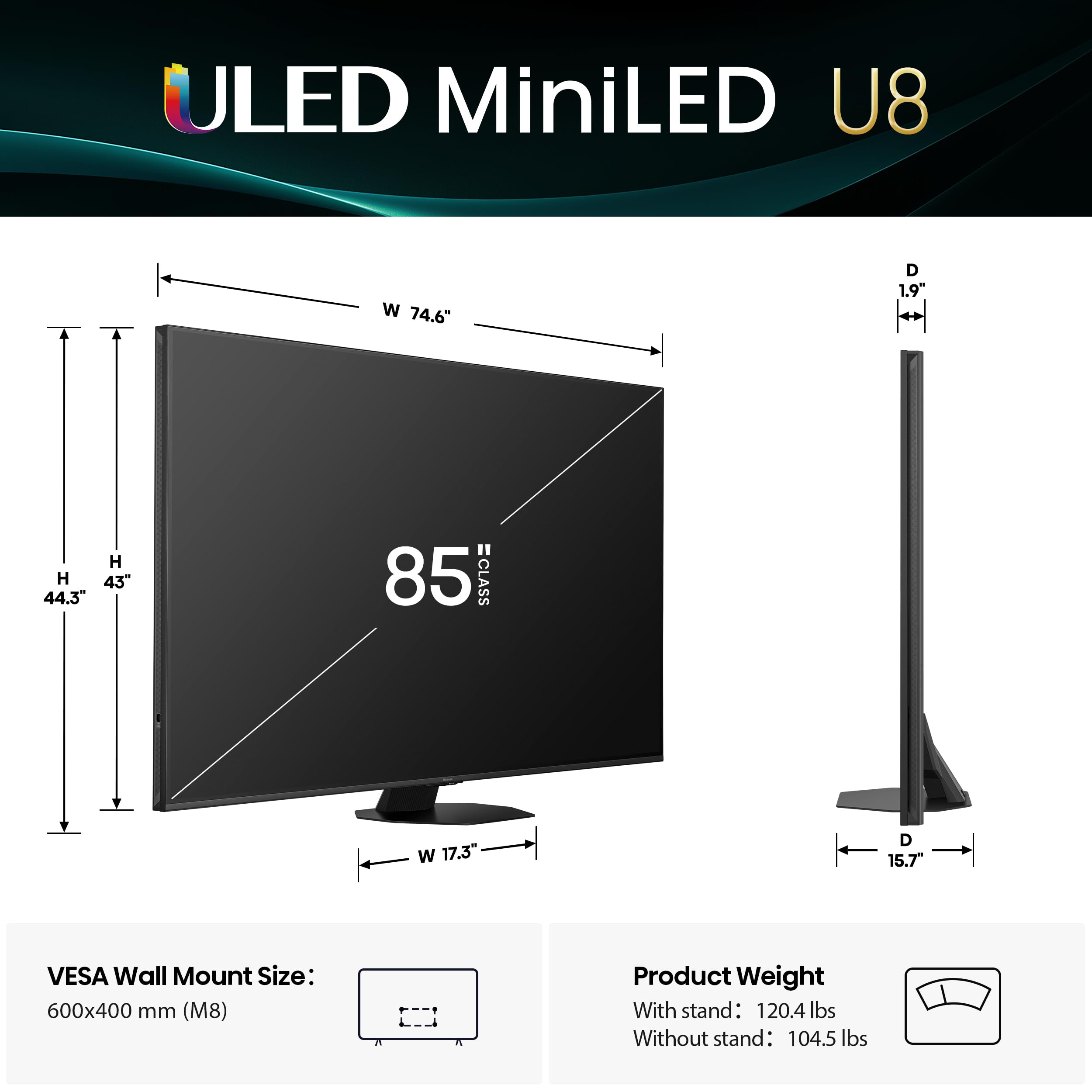 Hisense 55" U8 Series ULED Mini-LED 4K UHD Smart Google TV (55U8QG) - QLED, Native 165Hz, VRR 288, Up to LD5600, 5000 Nits, HDR10+, Dolby Vision IQ · Atmos, IMAX Enhanced, 4.1.2 Ch Audio - The misfit market