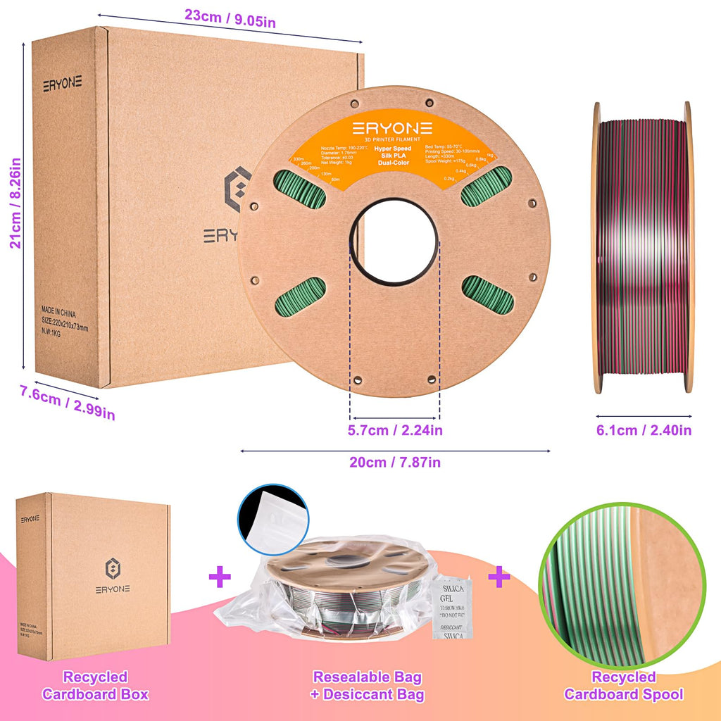 ERYONE Silk Filament PLA+ 1.75mm Shiny 3D Printer Filament, Multicolor PLA 4 in 1, 1kg (2.2LBS)/Spool, HS Silk Quadruple Color Aurora Dream (Teal Green & Violet & Electric Pink & Indigo) - The misfit market
