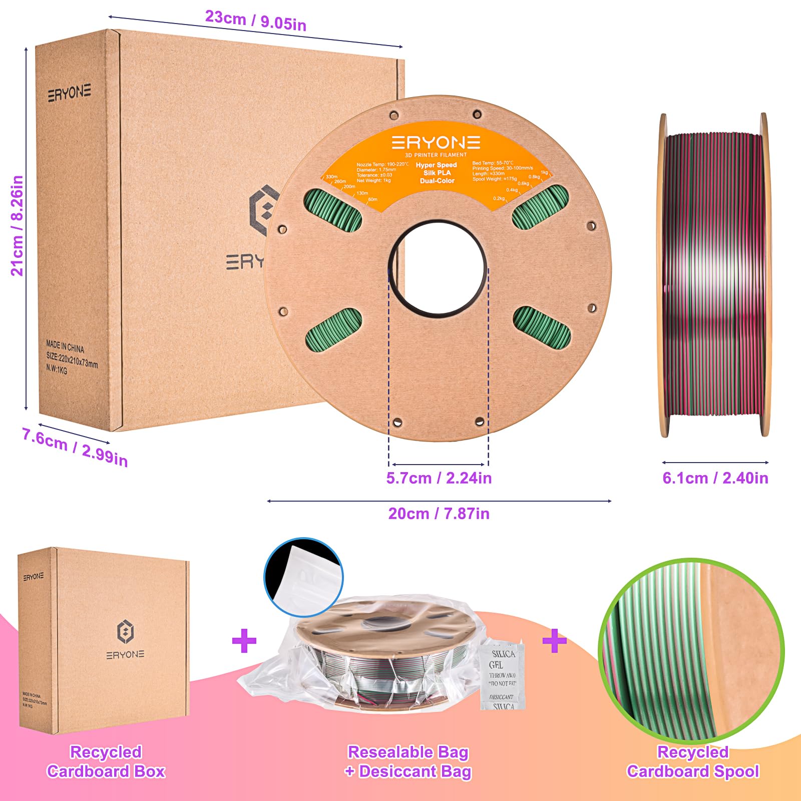 ERYONE Silk Filament PLA+ 1.75mm Shiny 3D Printer Filament, Multicolor PLA 4 in 1, 1kg (2.2LBS)/Spool, HS Silk Quadruple Color Aurora Dream (Teal Green & Violet & Electric Pink & Indigo) - The misfit market