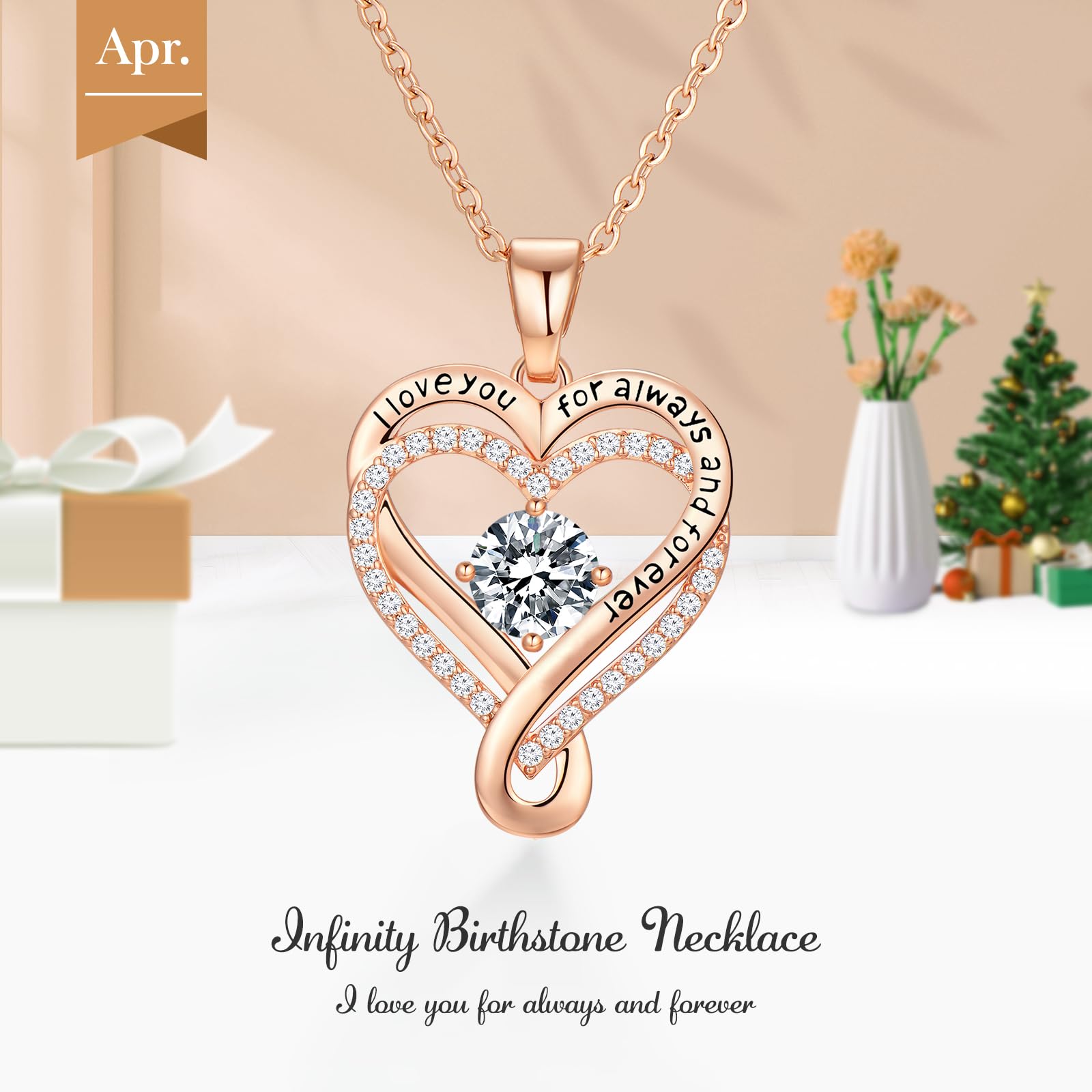 Infinity Love Heart Birthstone Necklace for Women Wife, S925 Sterling Silver Anniversary for Women Wife Birthday Gift for Her Girlfriend Mom Daughters, I Love You Women's Jewelry 18k Rose Gold Filled - The misfit market