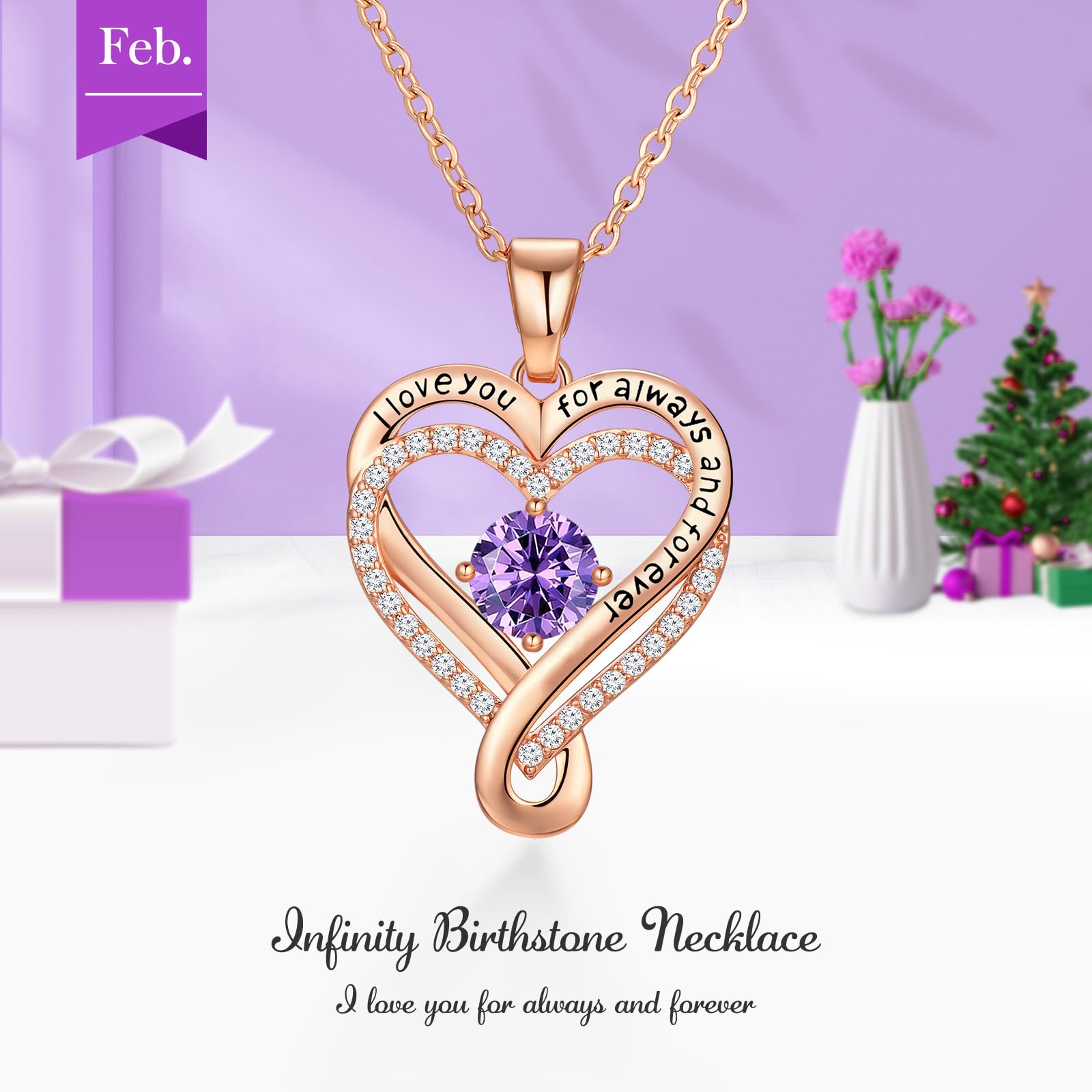Infinity Love Heart Birthstone Necklace for Women Wife, S925 Sterling Silver Anniversary for Women Wife Birthday Gift for Her Girlfriend Mom Daughters, I Love You Women's Jewelry 18k Rose Gold Filled - The misfit market