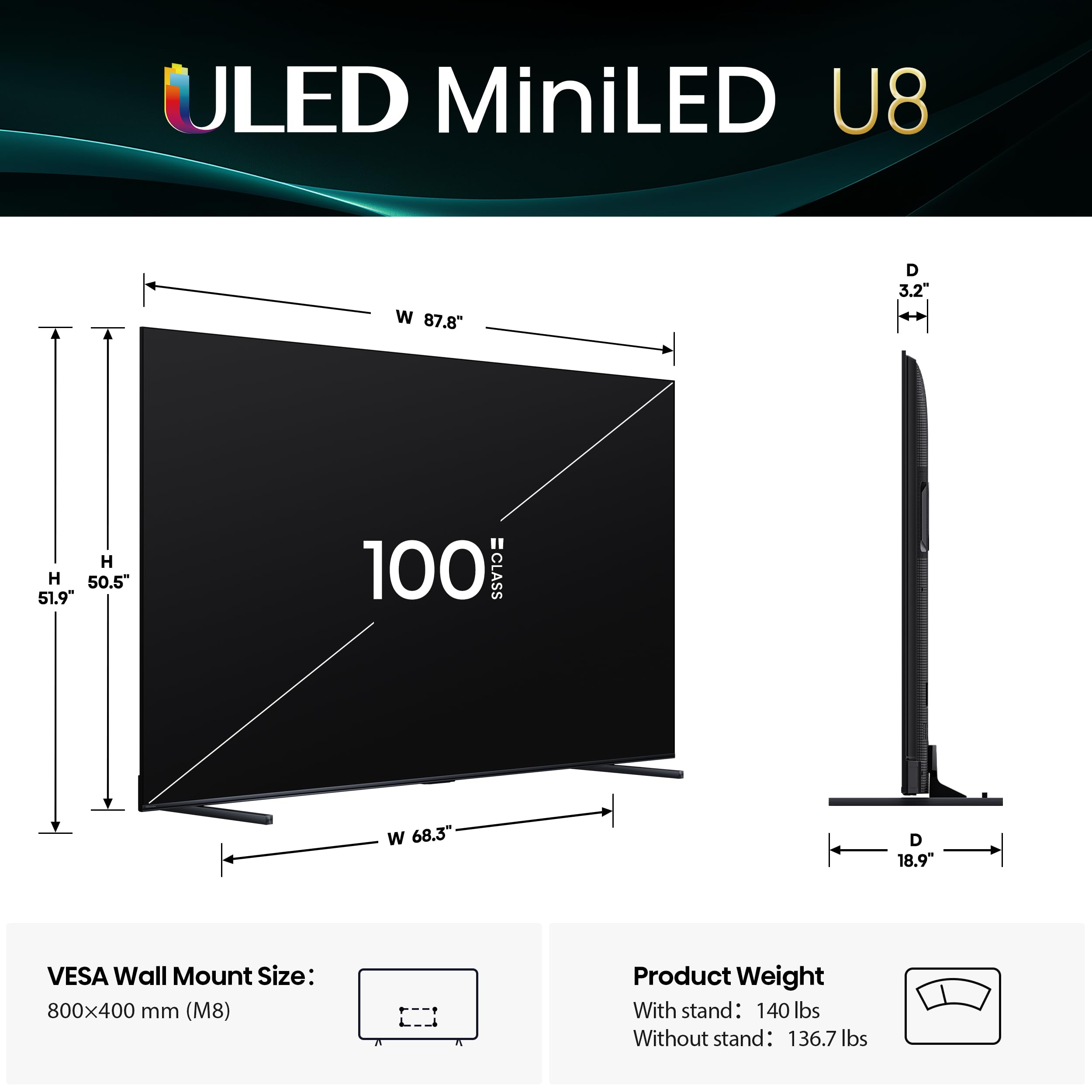 Hisense 55" U8 Series ULED Mini-LED 4K UHD Smart Google TV (55U8QG) - QLED, Native 165Hz, VRR 288, Up to LD5600, 5000 Nits, HDR10+, Dolby Vision IQ · Atmos, IMAX Enhanced, 4.1.2 Ch Audio - The misfit market