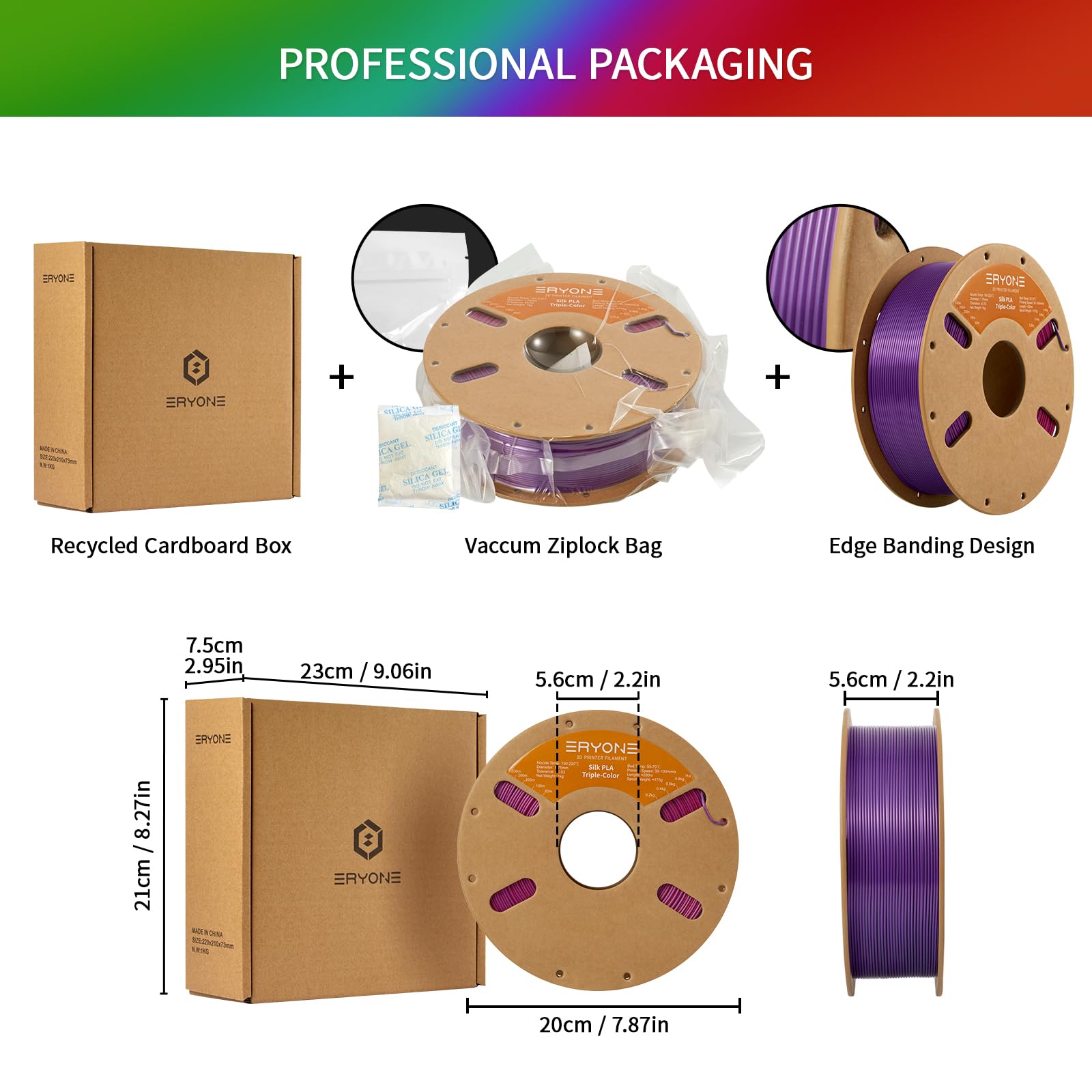 ERYONE Silk Tri Color PLA Filament 3D Printer 1.75mm +/- 0.03mm, Multicolor Filament Tricolor PLA Bundle 2KG Cardboard Spool, Red Blue Green - The misfit market