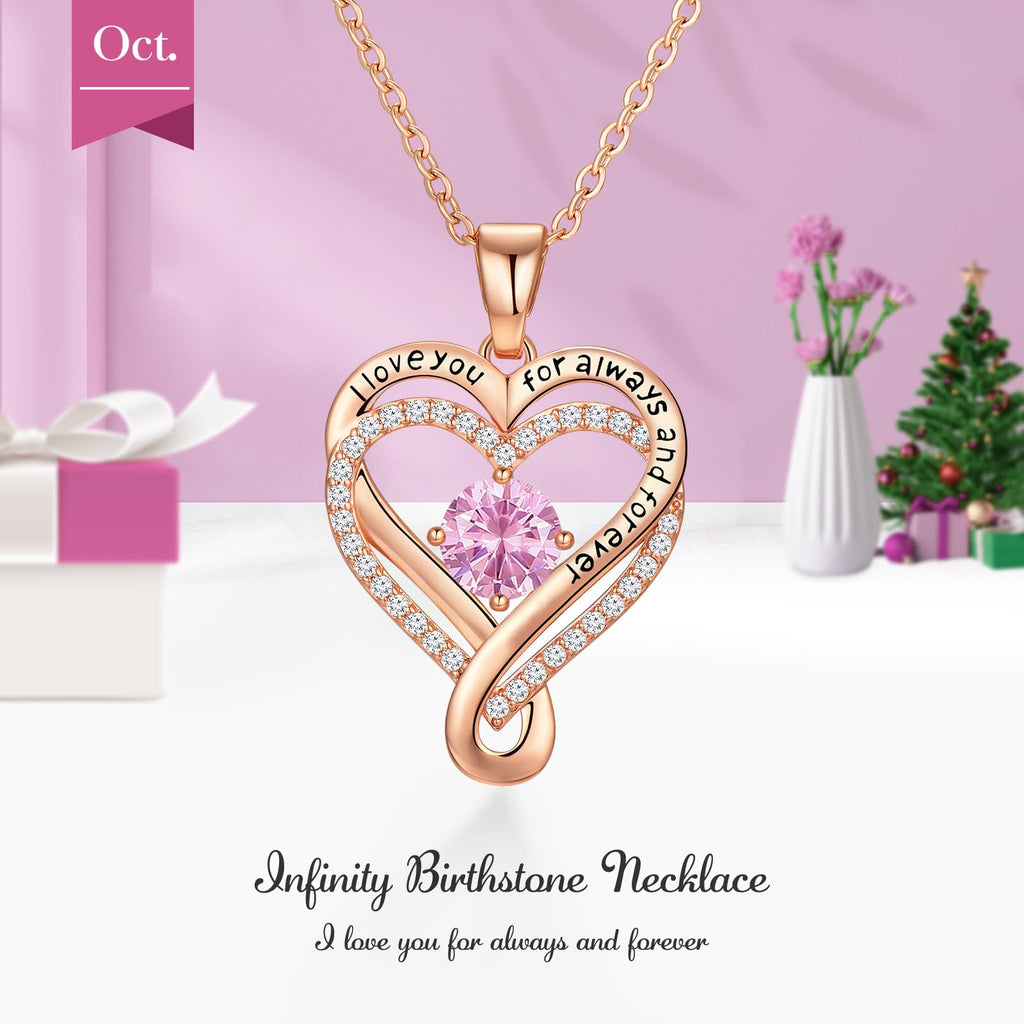 Infinity Love Heart Birthstone Necklace for Women Wife, S925 Sterling Silver Anniversary for Women Wife Birthday Gift for Her Girlfriend Mom Daughters, I Love You Women's Jewelry 18k Rose Gold Filled - The misfit market
