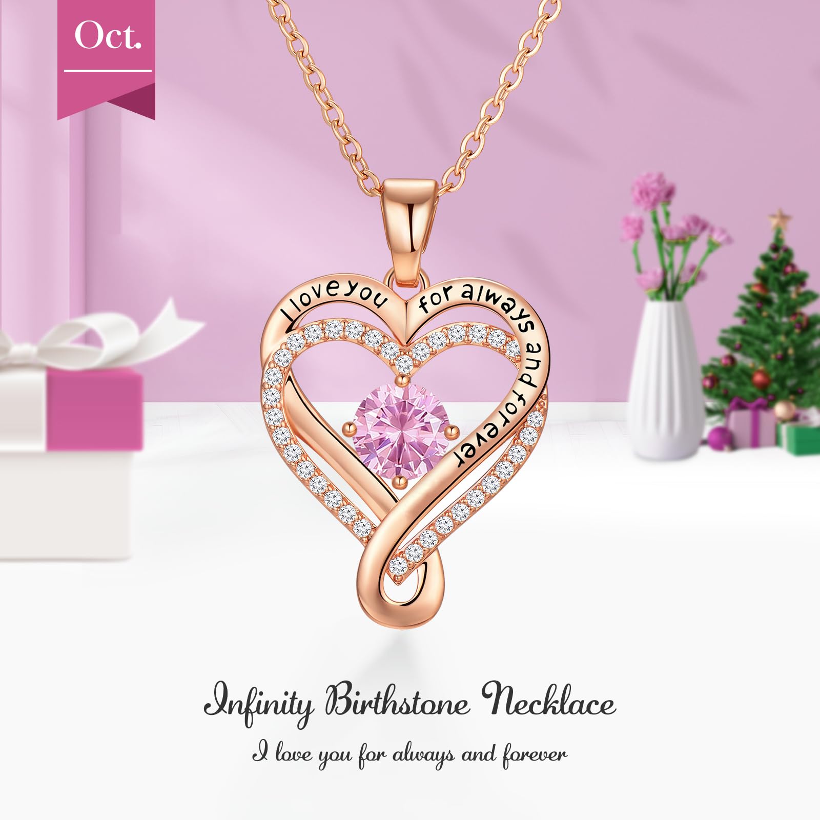 Infinity Love Heart Birthstone Necklace for Women Wife, S925 Sterling Silver Anniversary for Women Wife Birthday Gift for Her Girlfriend Mom Daughters, I Love You Women's Jewelry 18k Rose Gold Filled - The misfit market