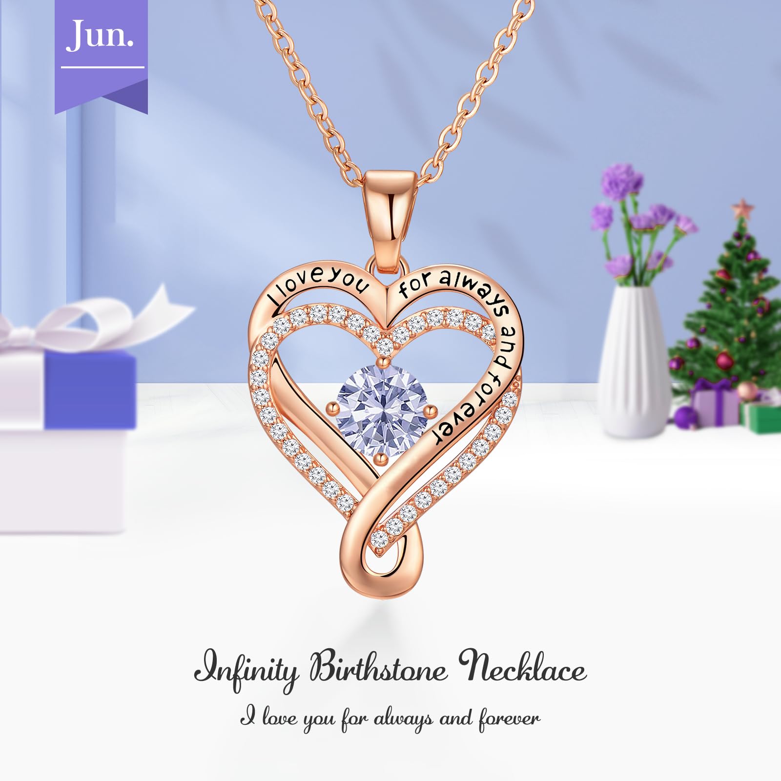 Infinity Love Heart Birthstone Necklace for Women Wife, S925 Sterling Silver Anniversary for Women Wife Birthday Gift for Her Girlfriend Mom Daughters, I Love You Women's Jewelry 18k Rose Gold Filled - The misfit market