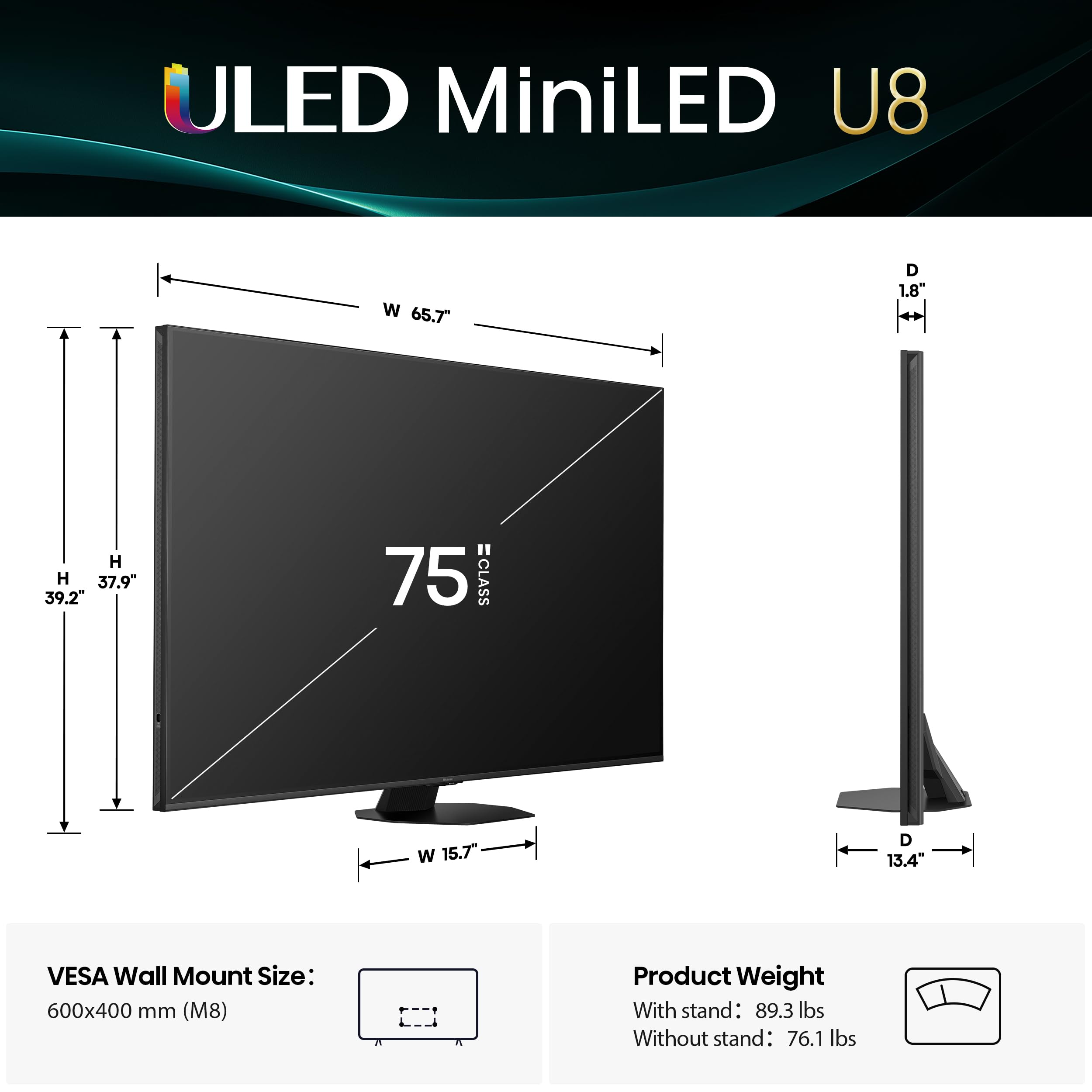 Hisense 55" U8 Series ULED Mini-LED 4K UHD Smart Google TV (55U8QG) - QLED, Native 165Hz, VRR 288, Up to LD5600, 5000 Nits, HDR10+, Dolby Vision IQ · Atmos, IMAX Enhanced, 4.1.2 Ch Audio - The misfit market