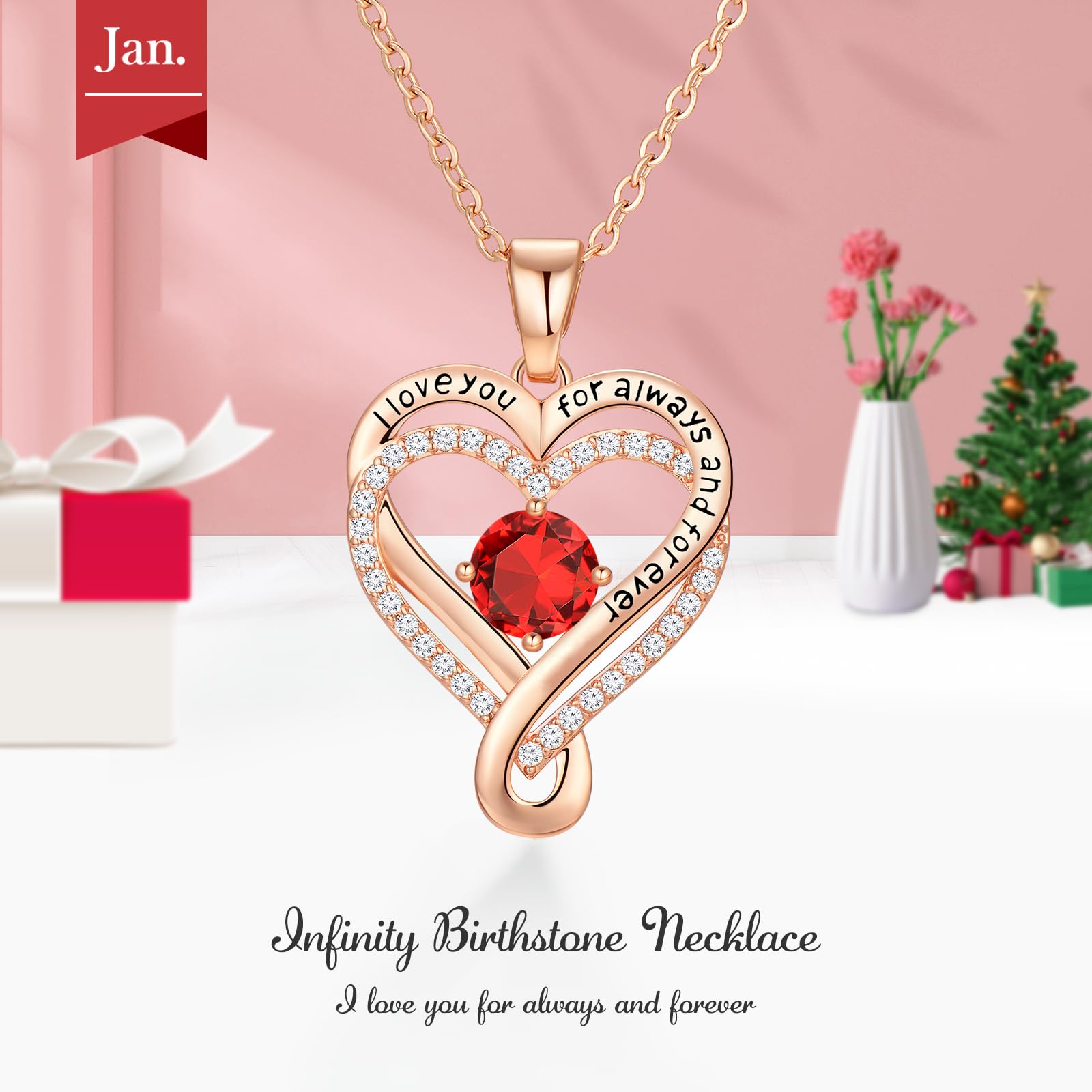 Infinity Love Heart Birthstone Necklace for Women Wife, S925 Sterling Silver Anniversary for Women Wife Birthday Gift for Her Girlfriend Mom Daughters, I Love You Women's Jewelry 18k Rose Gold Filled - The misfit market