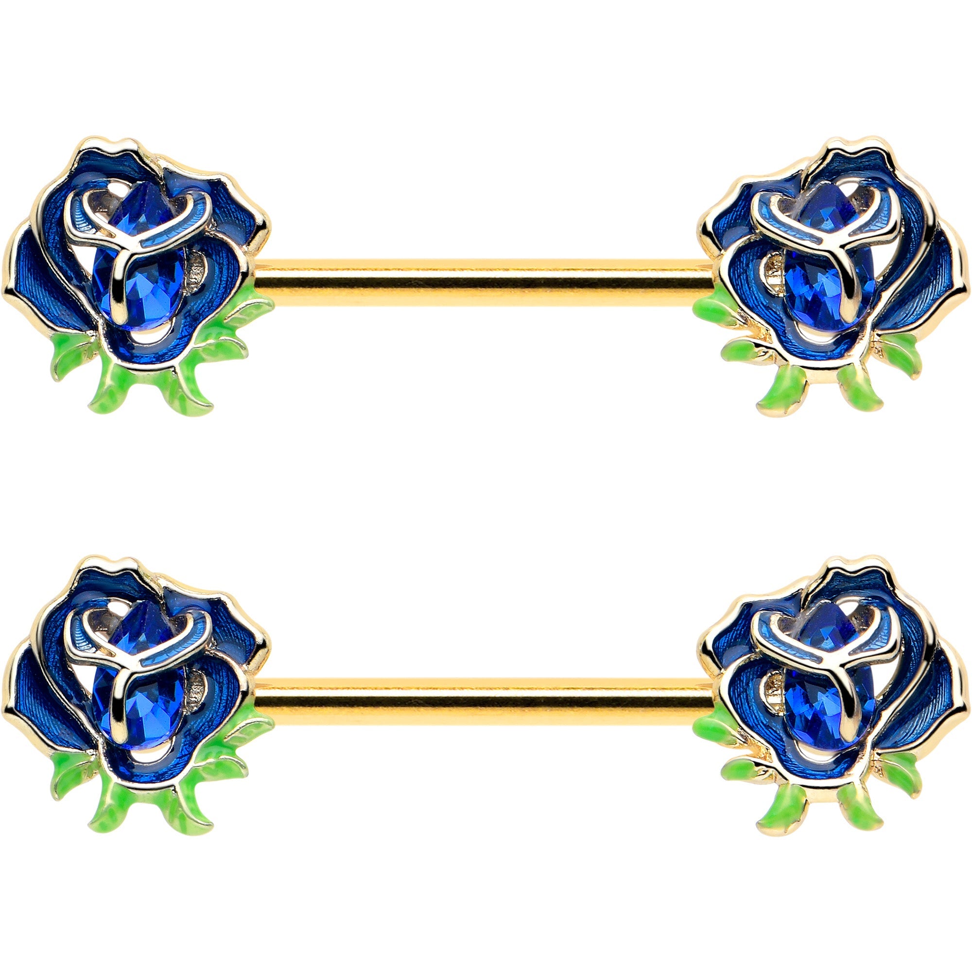 14G 9/16 Blue Gem Gold Hue Deep Blue Flower Barbell Nipple Ring Set