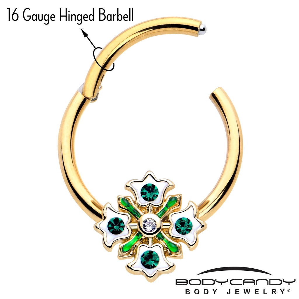 16G 3/8 Green Gem Gold Tone Flower Wreath Hinged Segment Ring