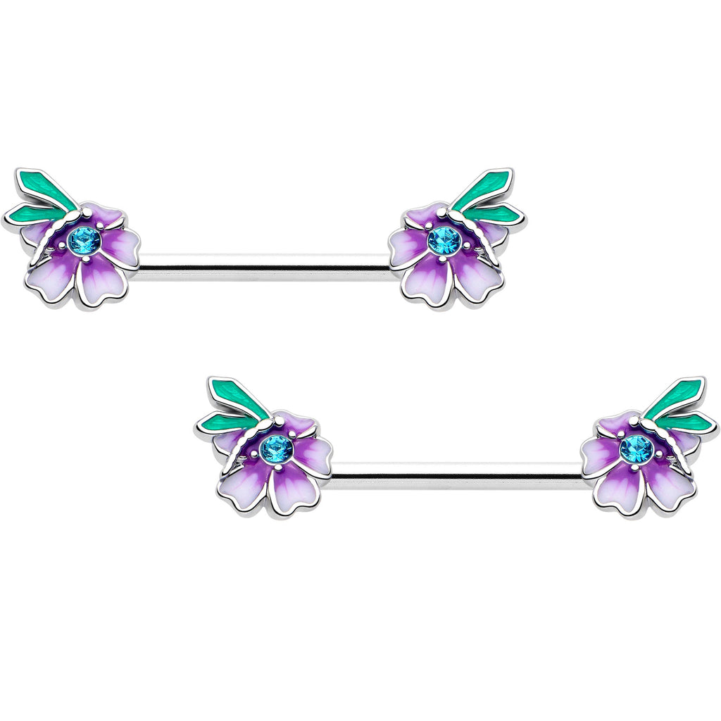 14G 9/16 Blue Gem Faerie Flower Purple Barbell Nipple Ring Set - The misfit market