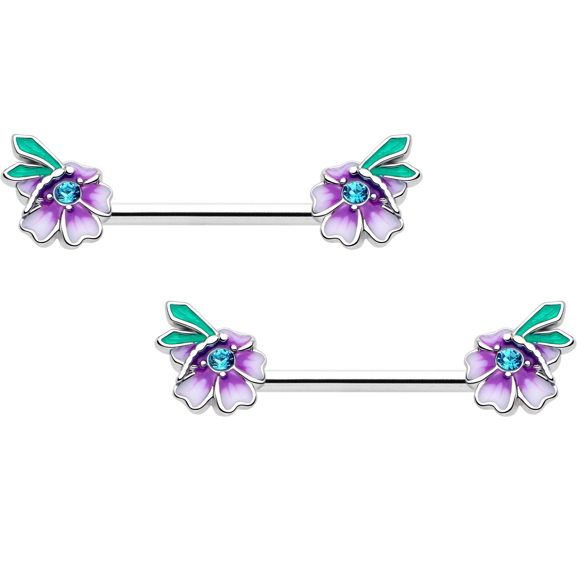 14G 9/16 Blue Gem Faerie Flower Purple Barbell Nipple Ring Set - The misfit market