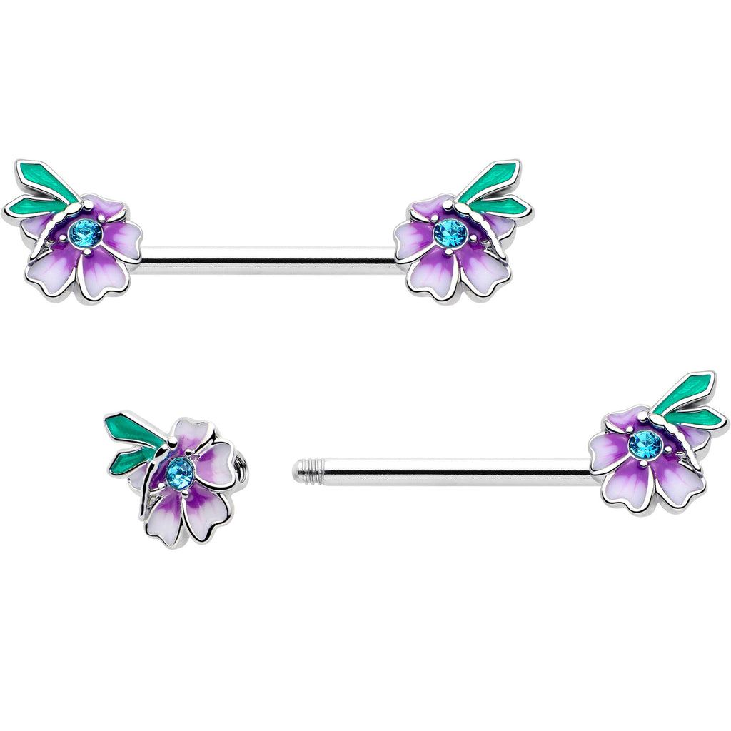 14G 9/16 Blue Gem Faerie Flower Purple Barbell Nipple Ring Set - The misfit market