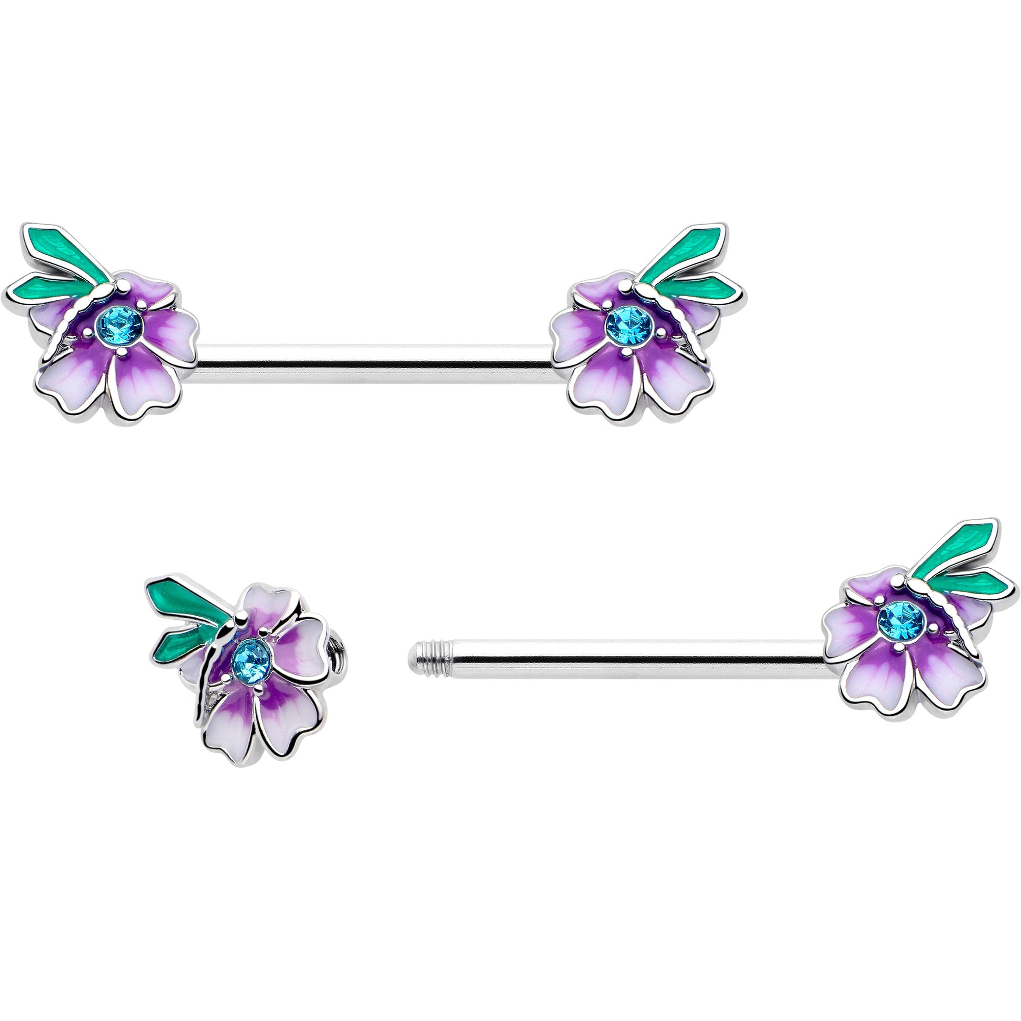 14G 9/16 Blue Gem Faerie Flower Purple Barbell Nipple Ring Set - The misfit market