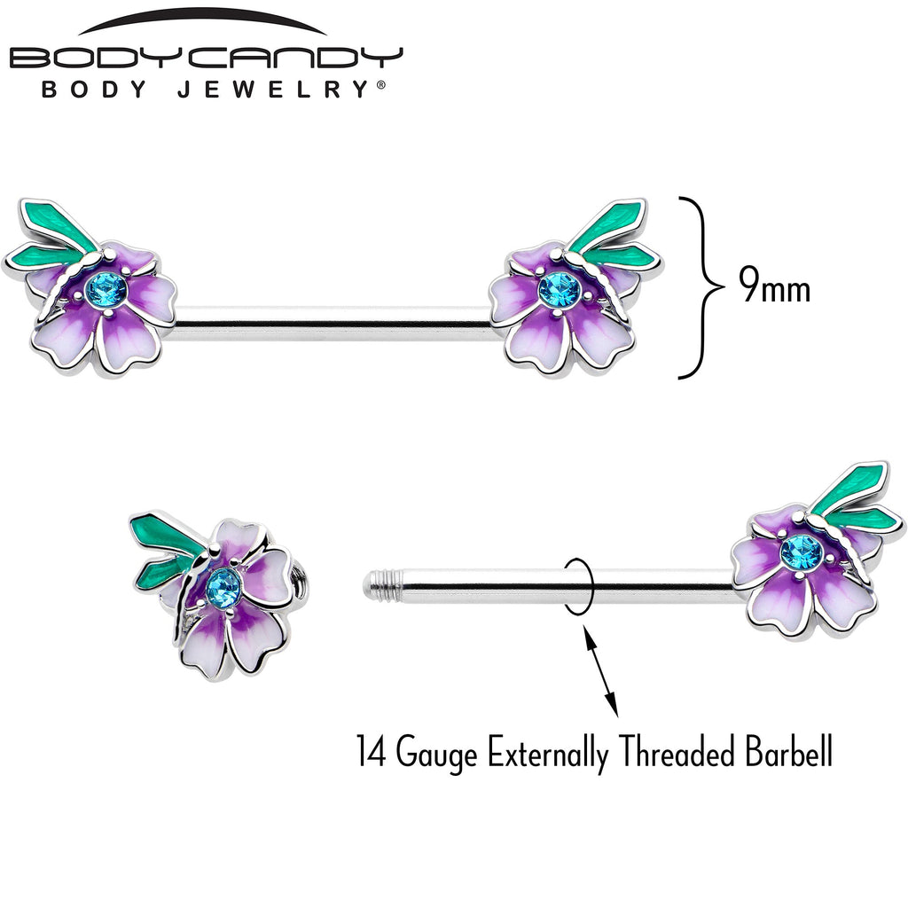 14G 9/16 Blue Gem Faerie Flower Purple Barbell Nipple Ring Set - The misfit market