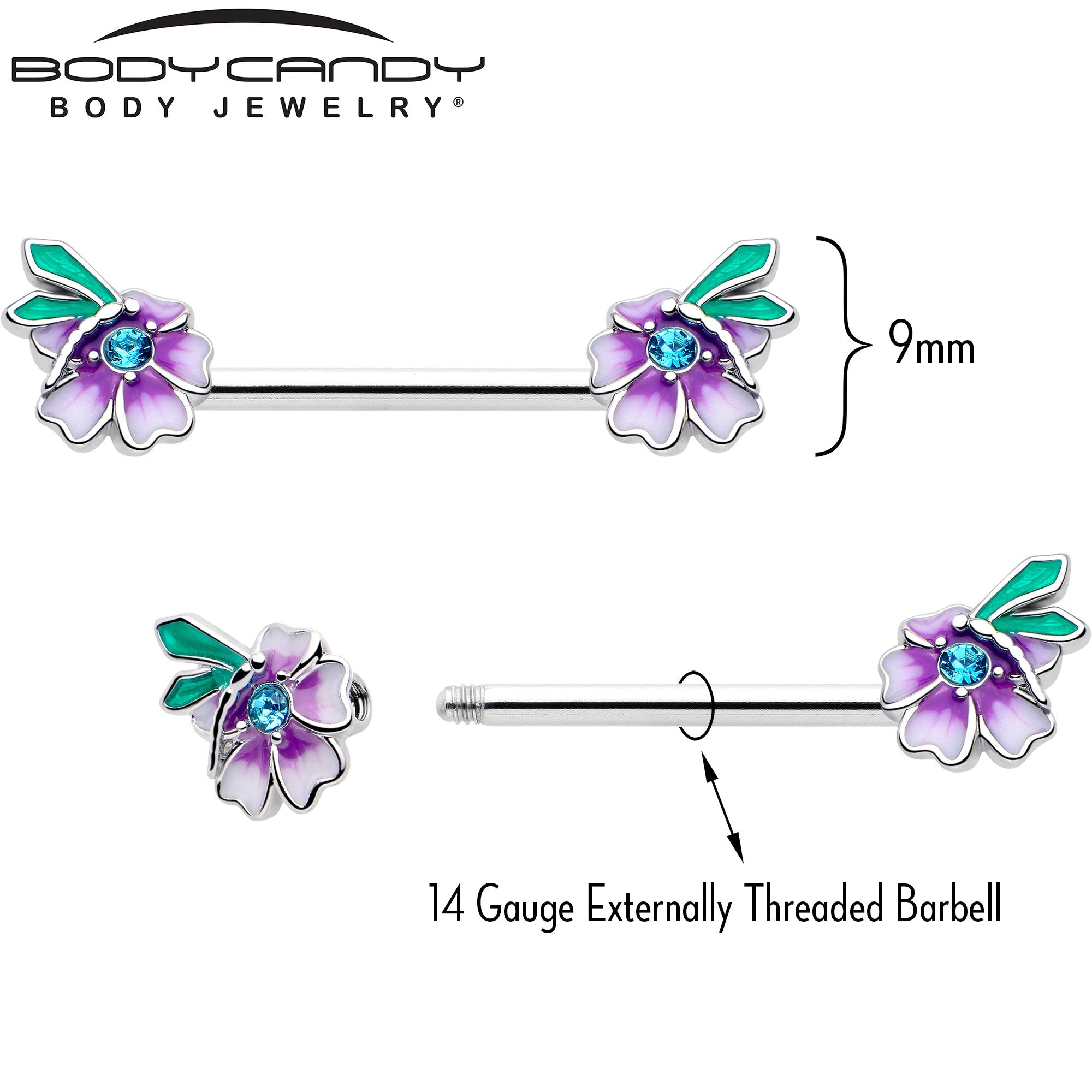 14G 9/16 Blue Gem Faerie Flower Purple Barbell Nipple Ring Set - The misfit market