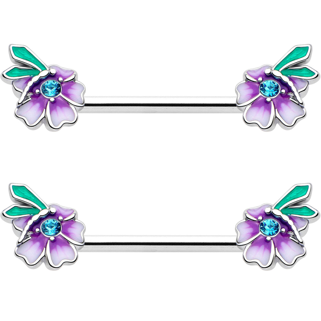 14G 9/16 Blue Gem Faerie Flower Purple Barbell Nipple Ring Set - The misfit market