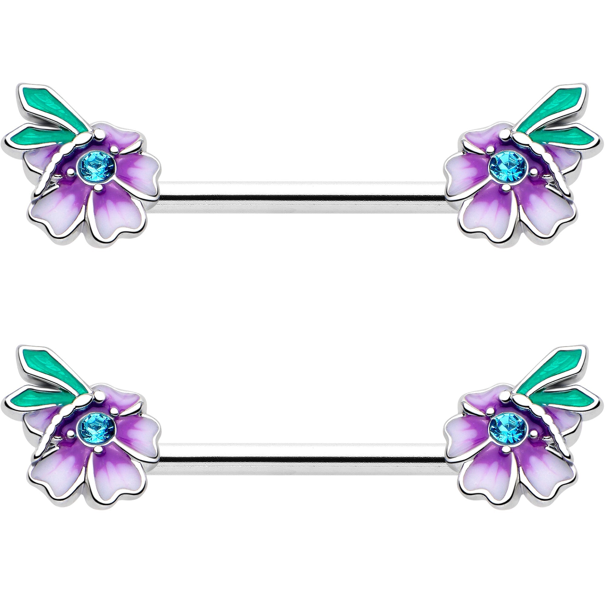 14G 9/16 Blue Gem Faerie Flower Purple Barbell Nipple Ring Set - The misfit market