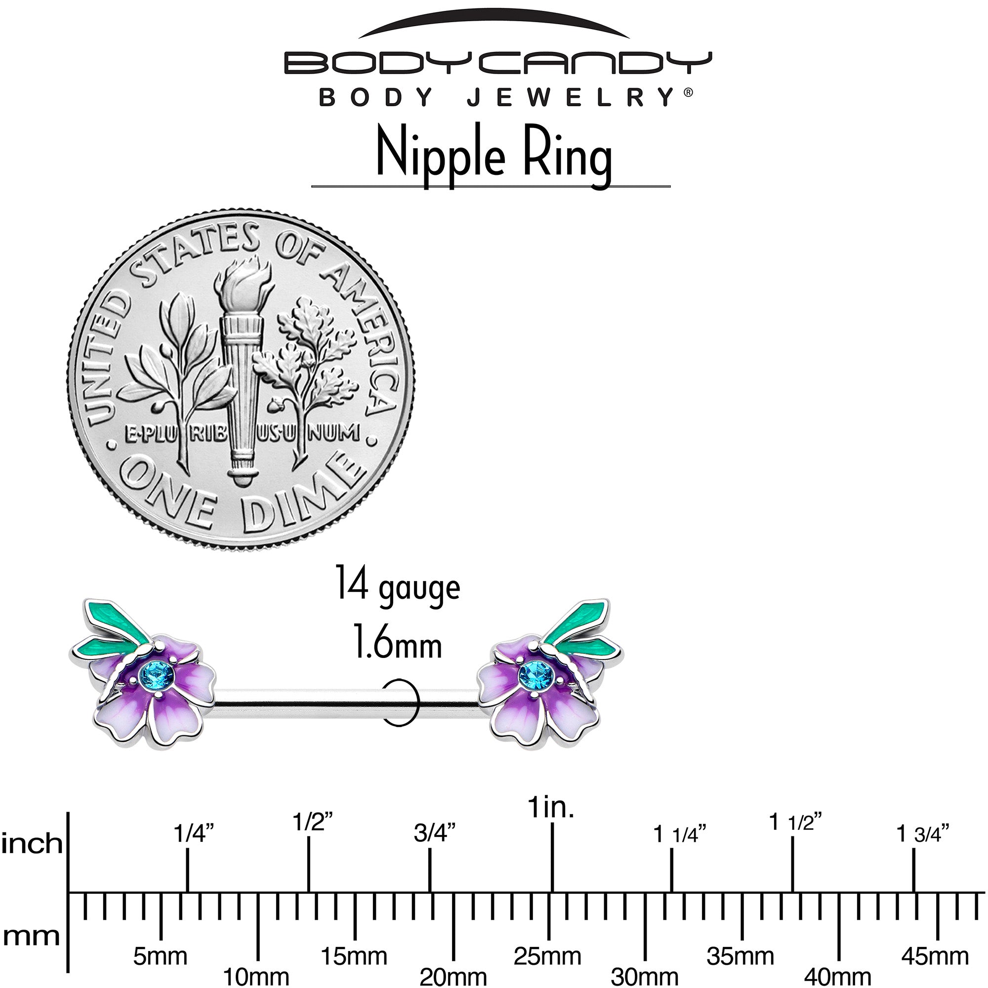 14G 9/16 Blue Gem Faerie Flower Purple Barbell Nipple Ring Set - The misfit market