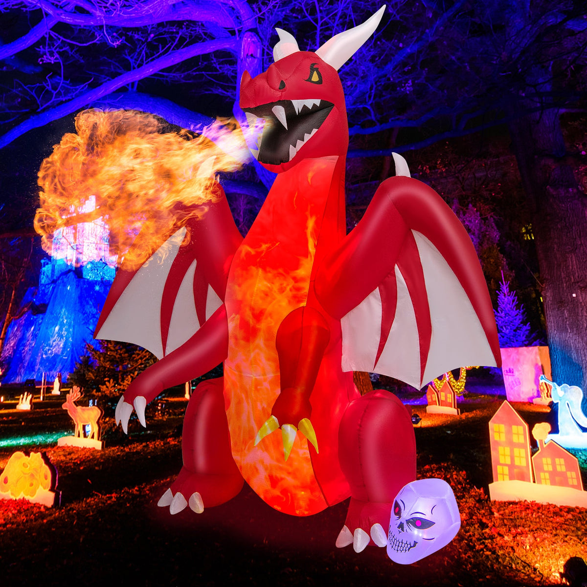 8 Feet Halloween Inflatables Blow-Up Red Dragon with Wings Skull
