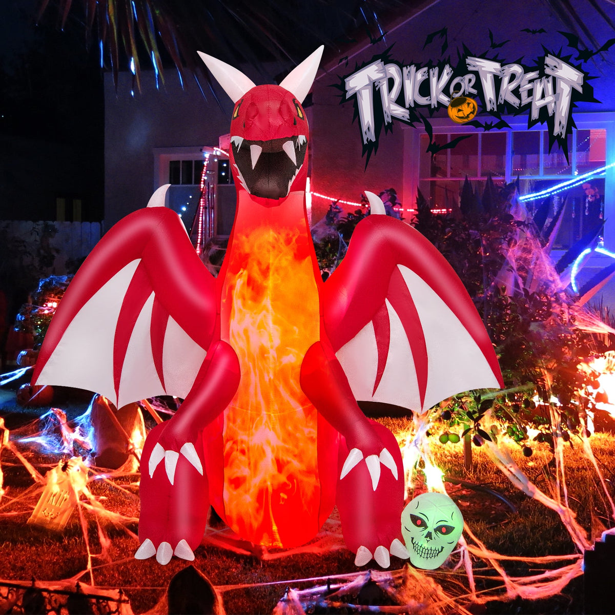 8 Feet Halloween Inflatables Blow-Up Red Dragon with Wings Skull